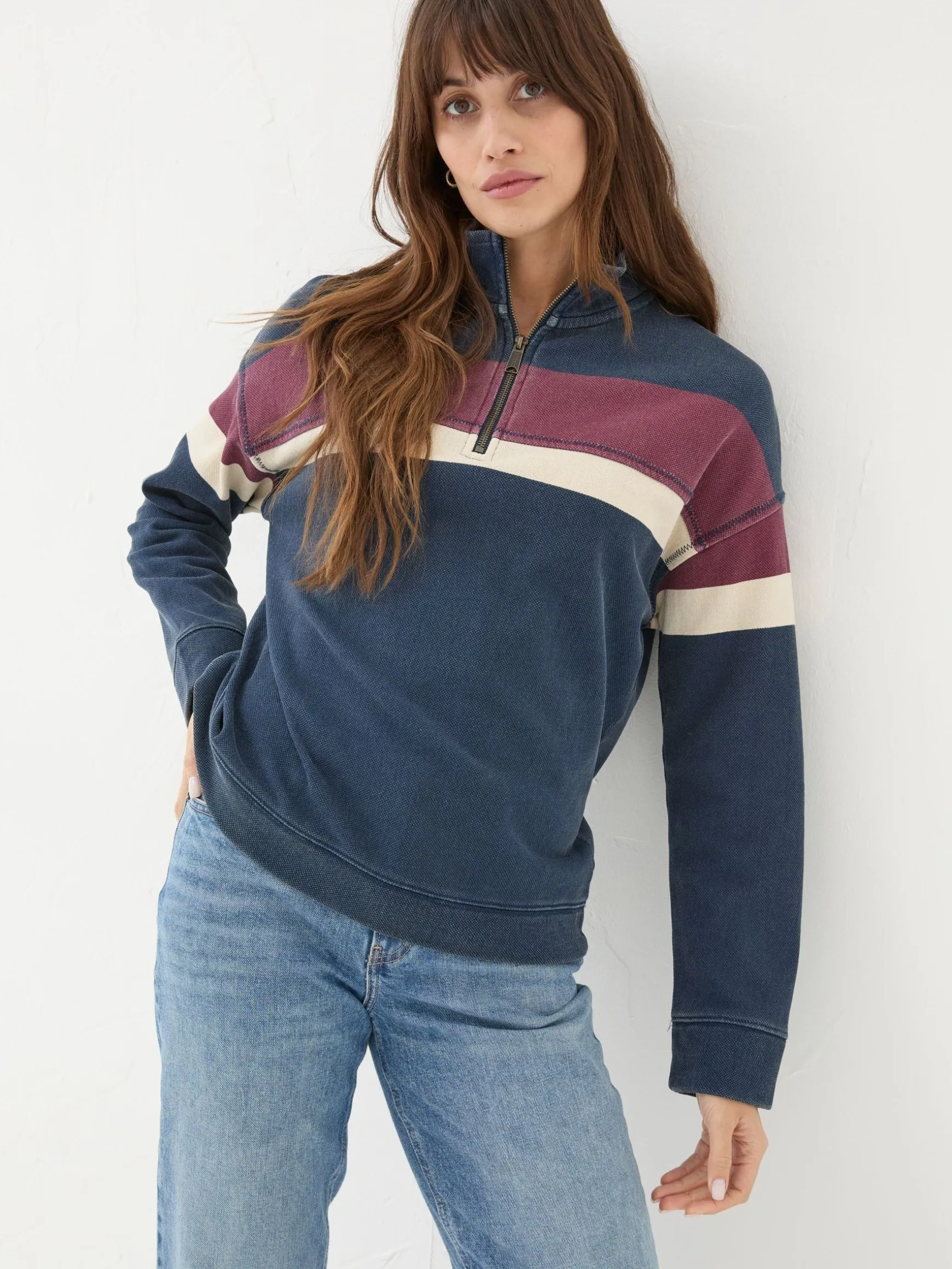 FatFace Airlie Relaxed Sweat Top Navy Blue & Red Striped Fashion