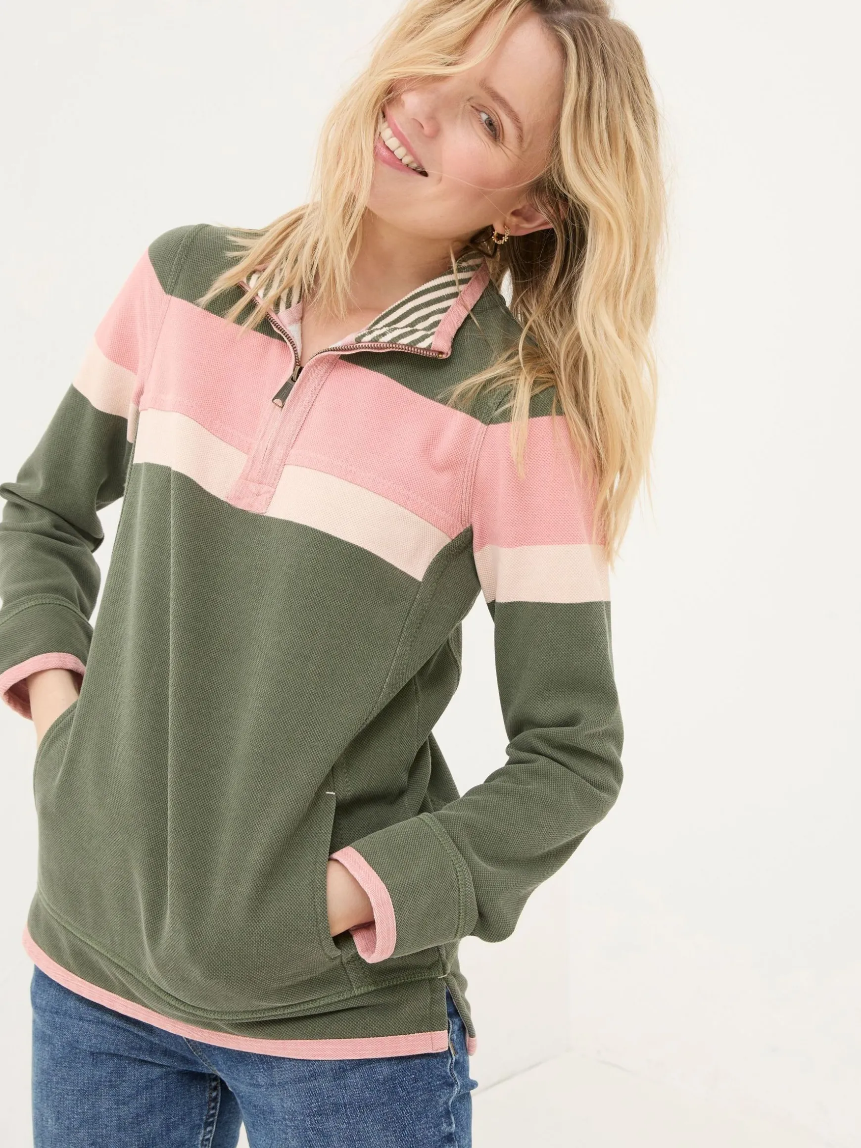 FatFace Airlie Sweat Top Olive & Pink Striped Outlet