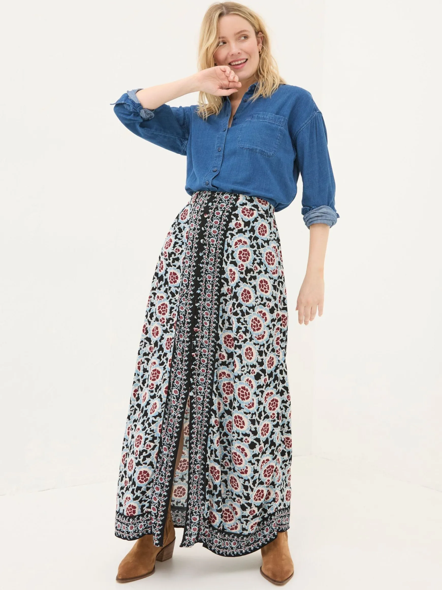 FatFace Arabella Midi Skirt Black Wild Floral Online