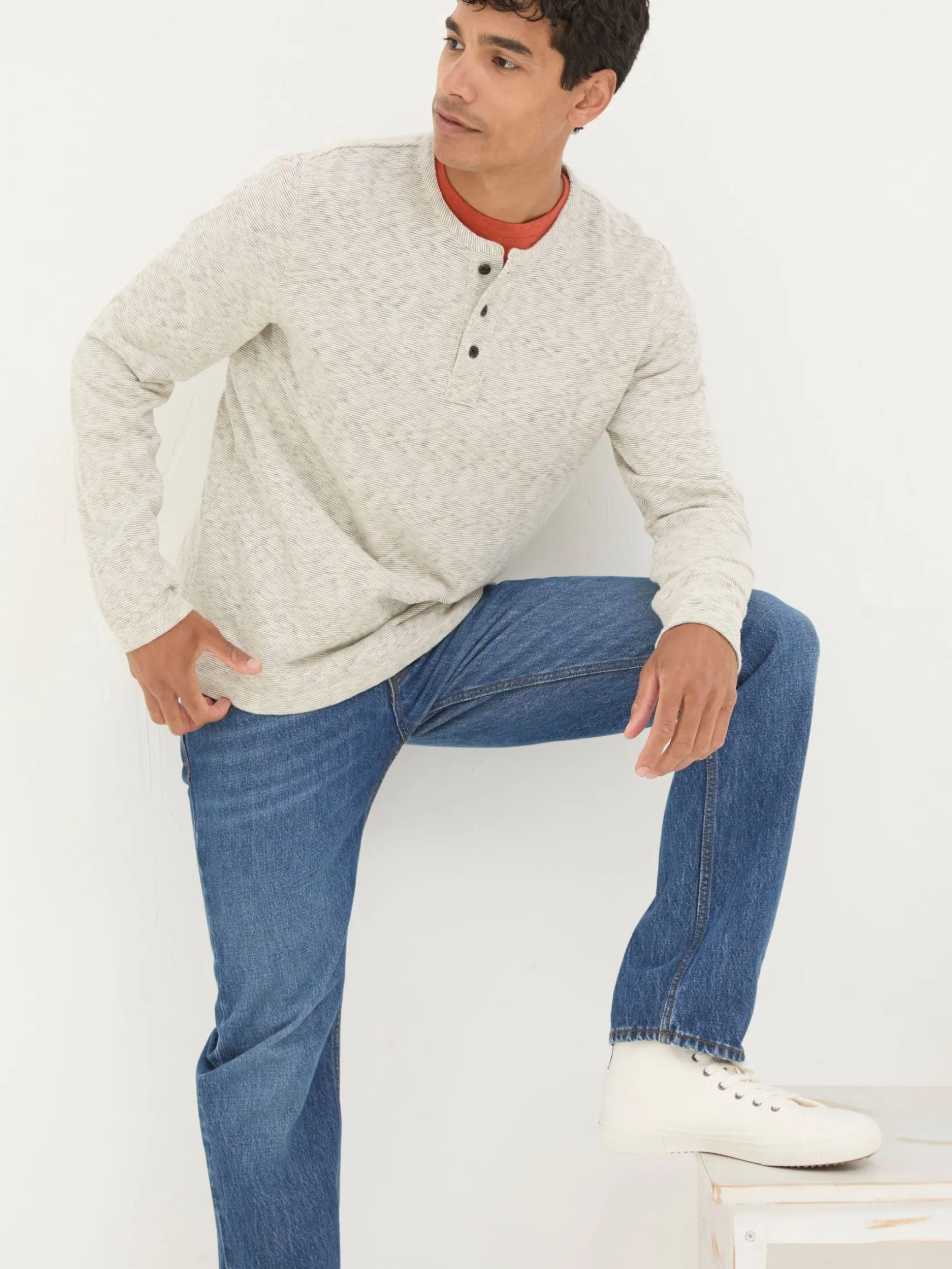 FatFace Arundel Textured Henley T-Shirt Ecru White Outlet