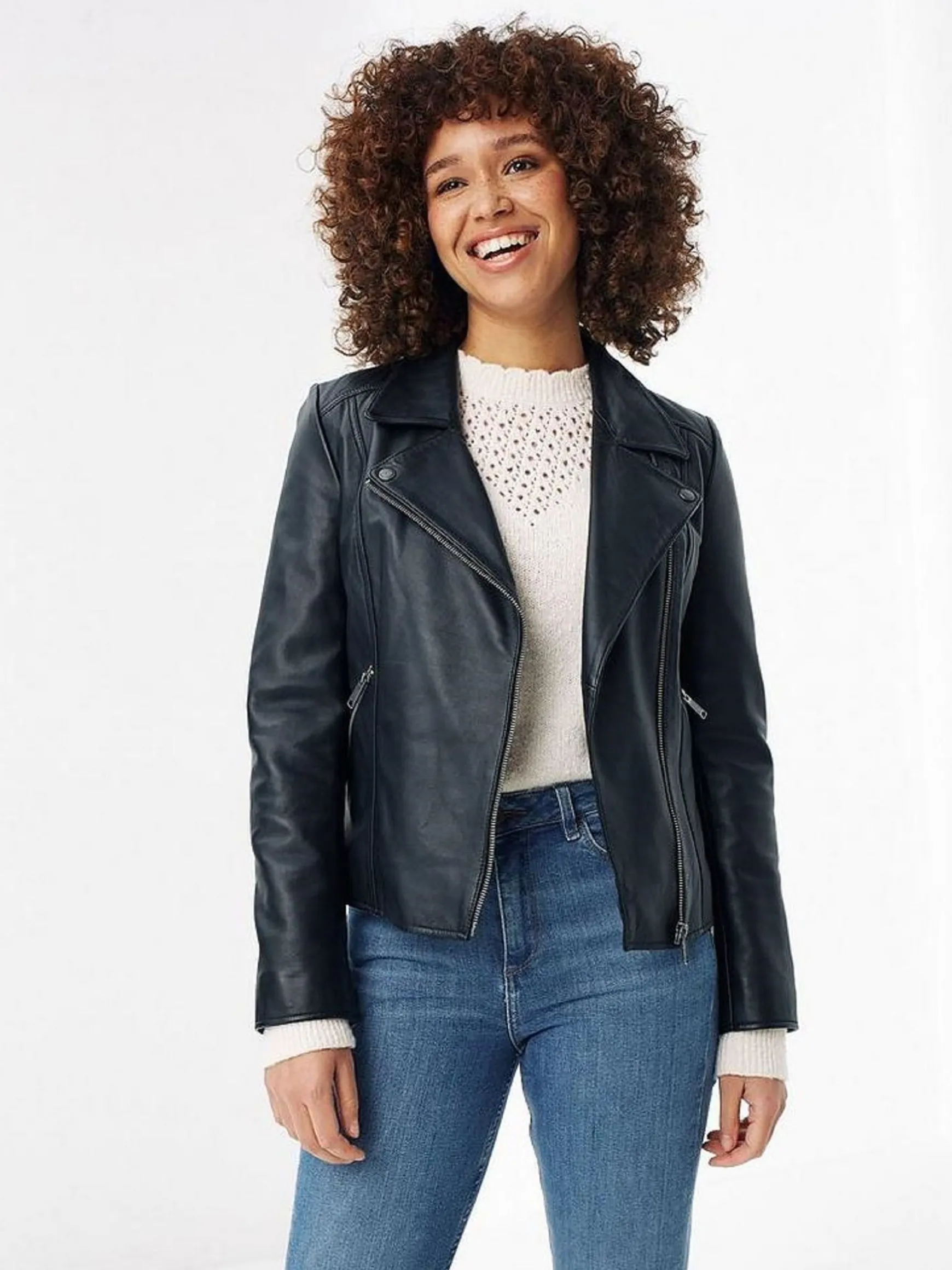 FatFace Leather Bethany Biker Jacket Black Flash Sale