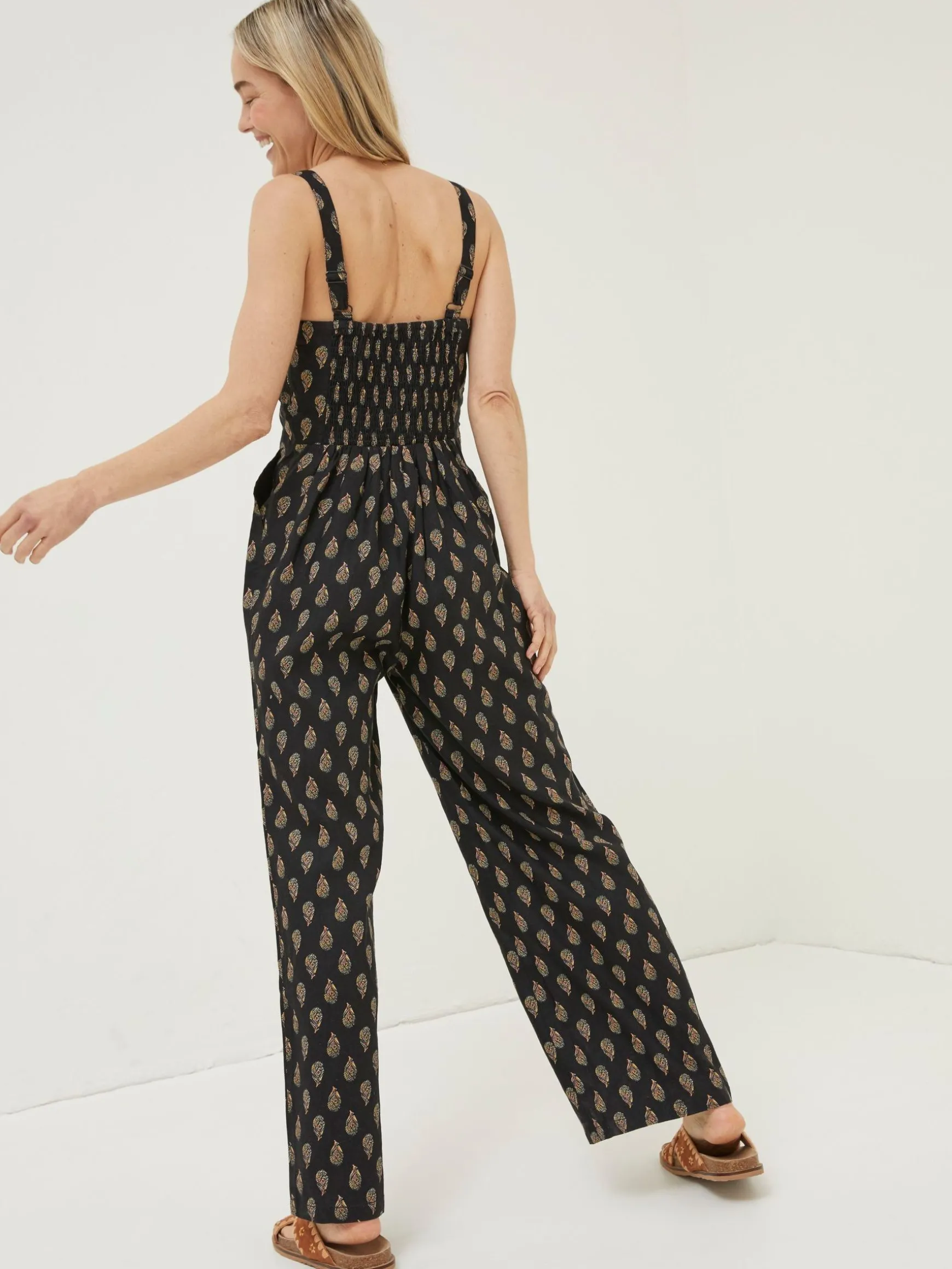 FatFace Linen Vic Woodblock Jumpsuit Black Sale