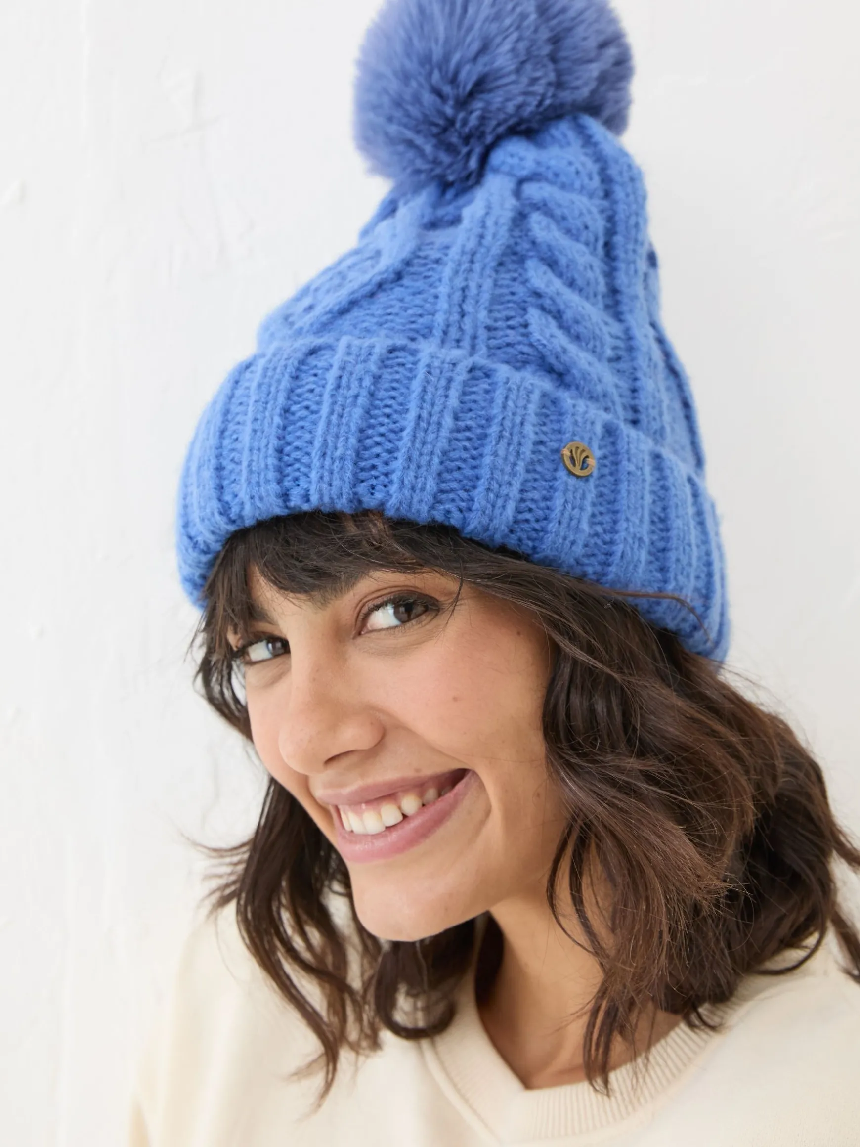 FatFace Billie Cable Bobble Beanie Blue New