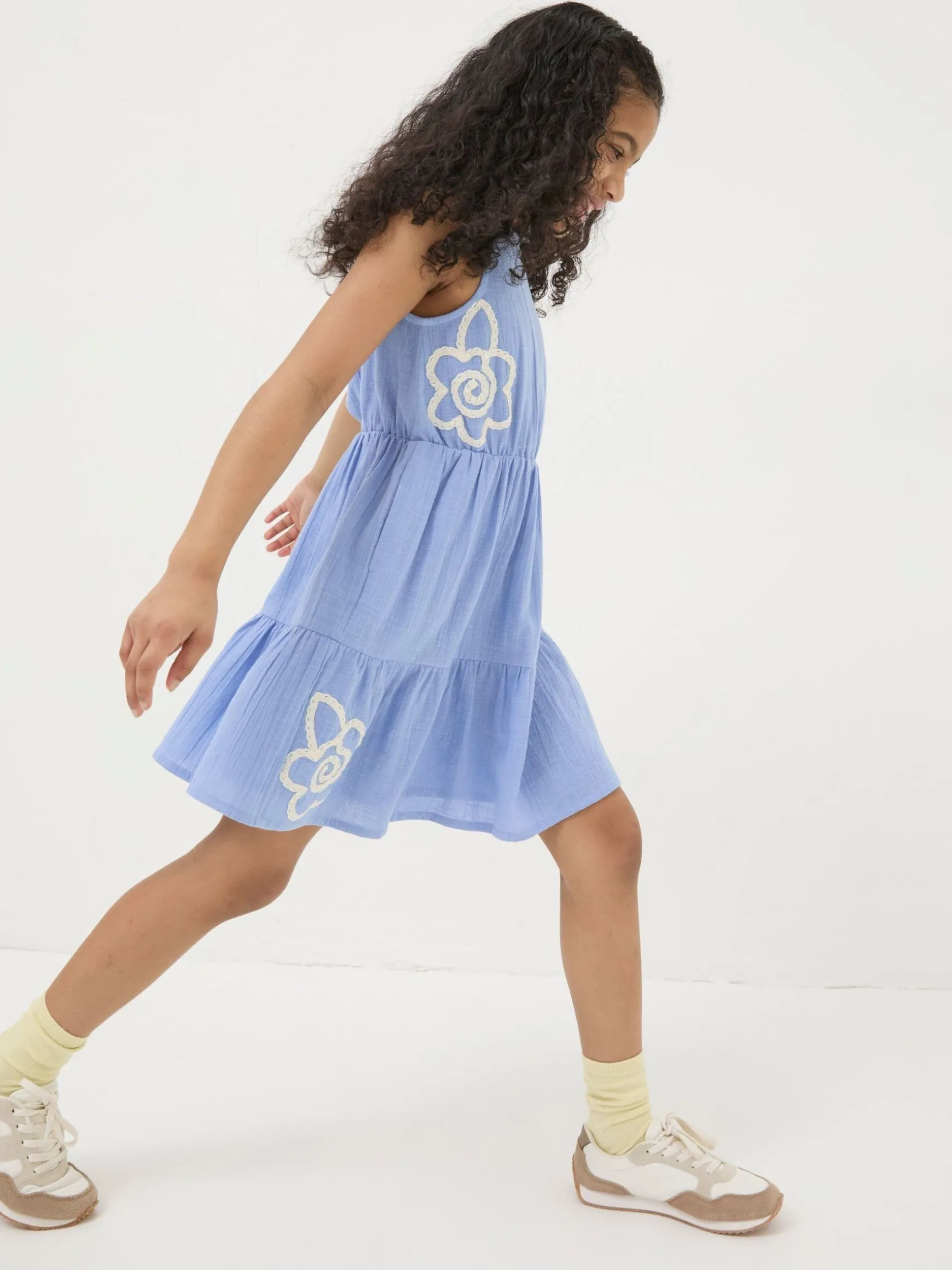 FatFace Embroidered Tiered Dress Blue Outlet