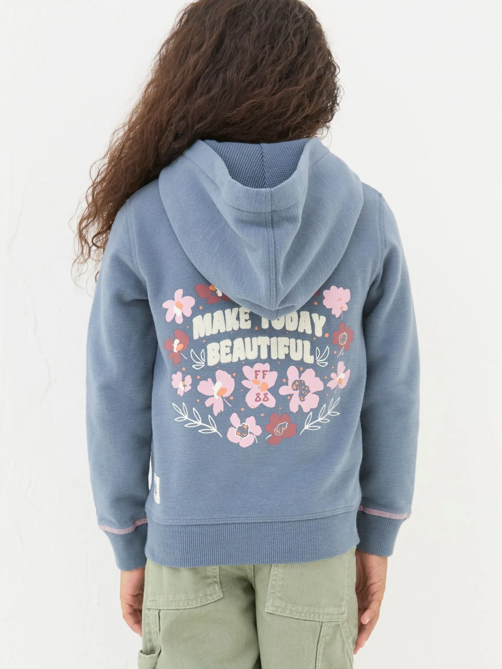 FatFace Flower Zip Through Hoodie Blue Clearance