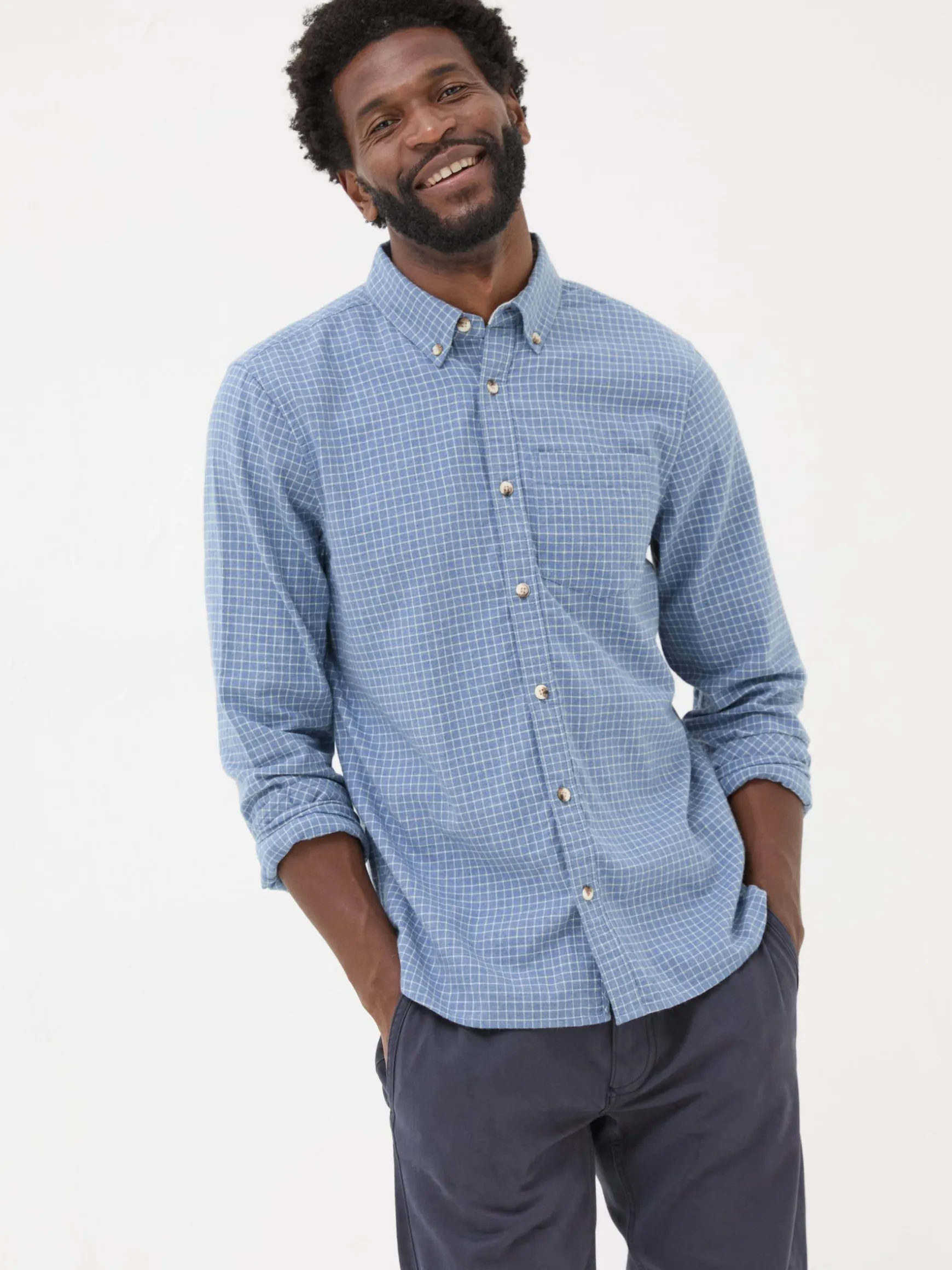 FatFace Long Sleeve Grantham Grid Check 100% Cotton Shirt Blue Cheap