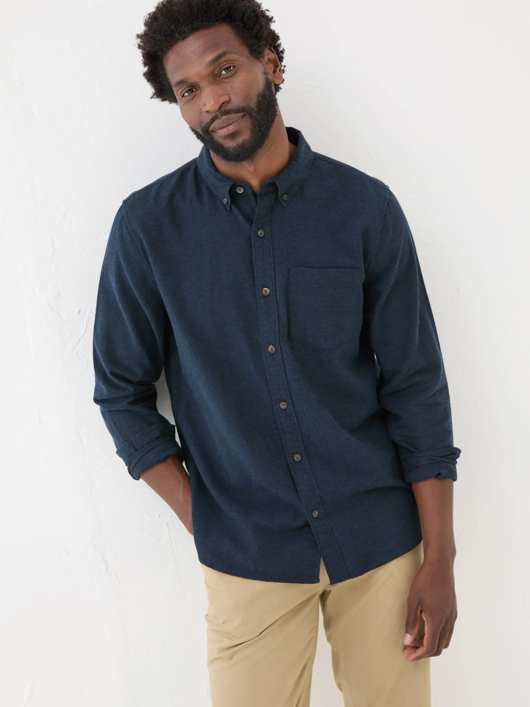 FatFace Long Sleeve Oxlow Plain 100% Cotton Shirt Blue Navy Sale