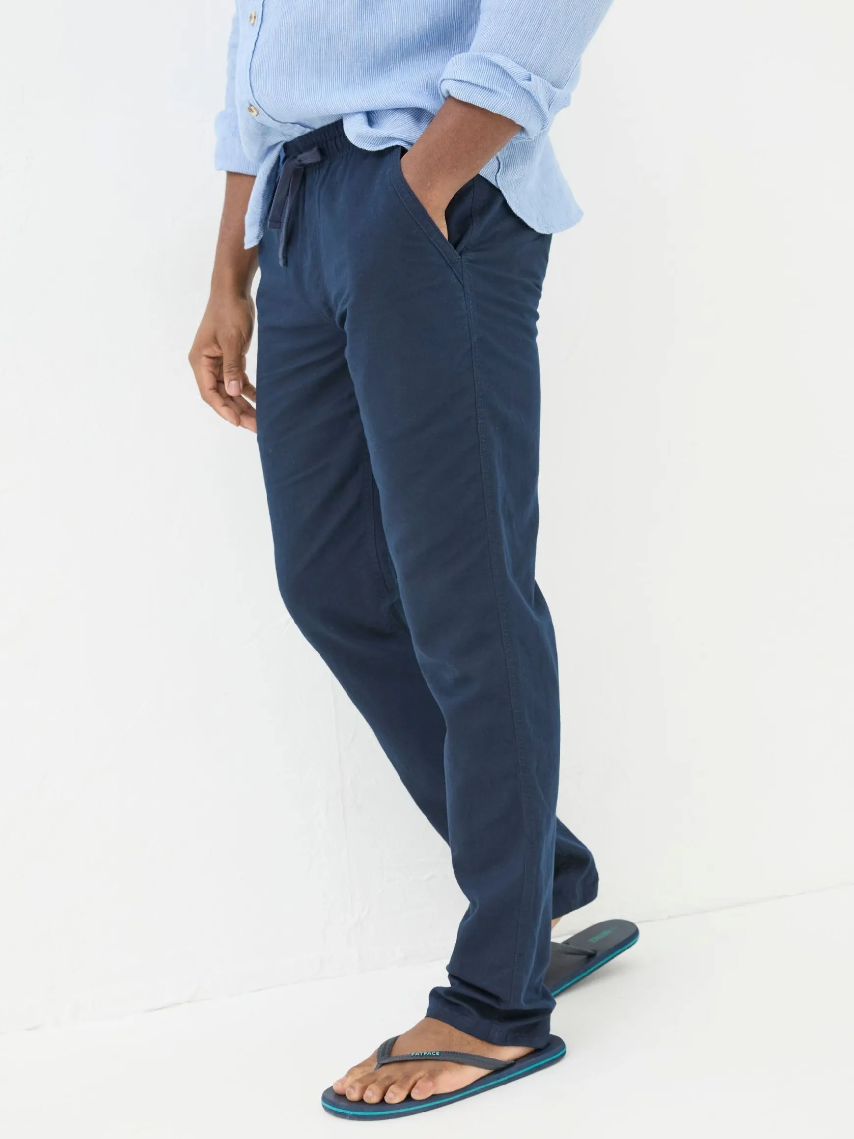 FatFace Straight Cotton Linen Trousers Blue Online