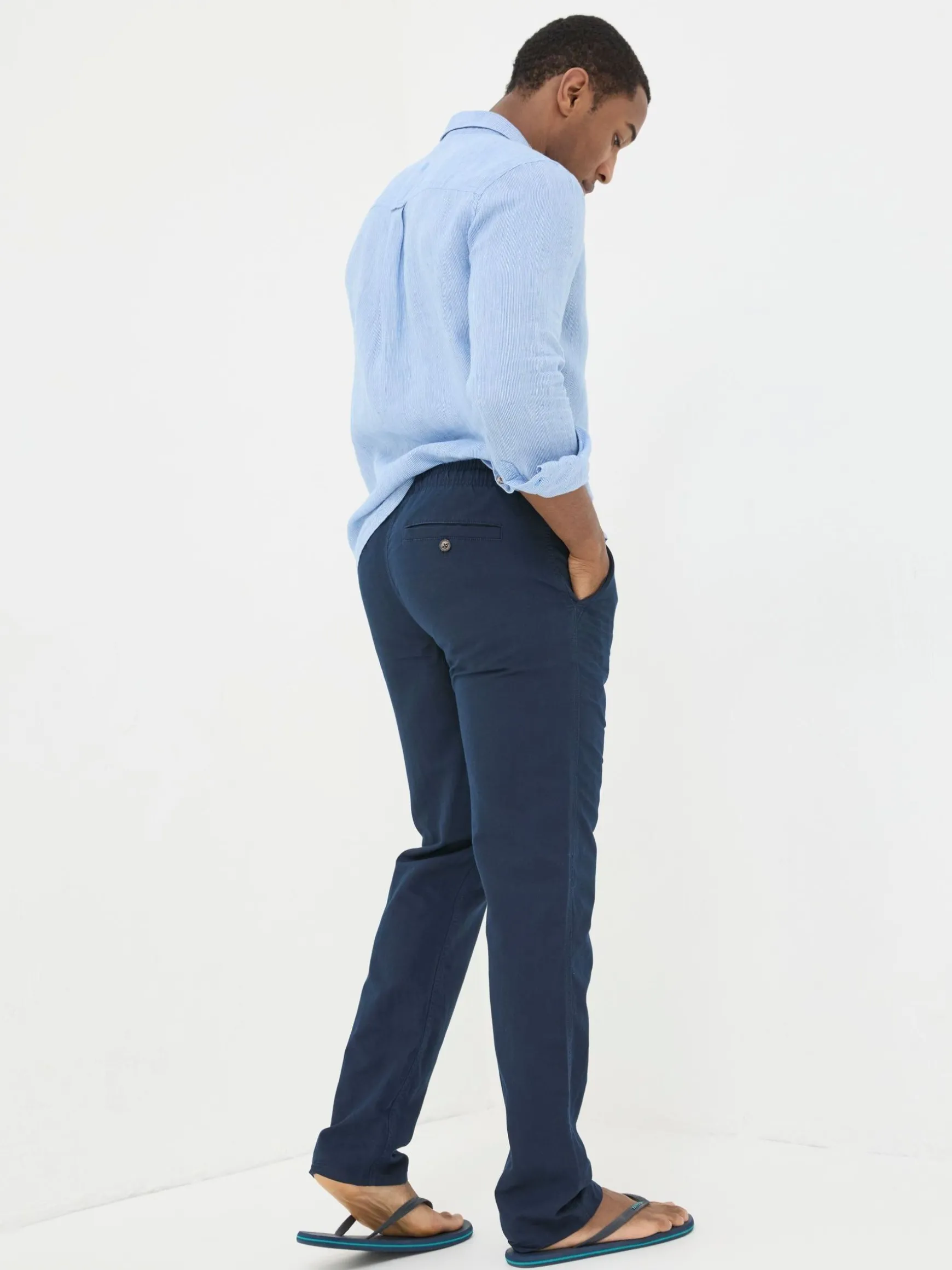 FatFace Straight Cotton Linen Trousers Blue Online