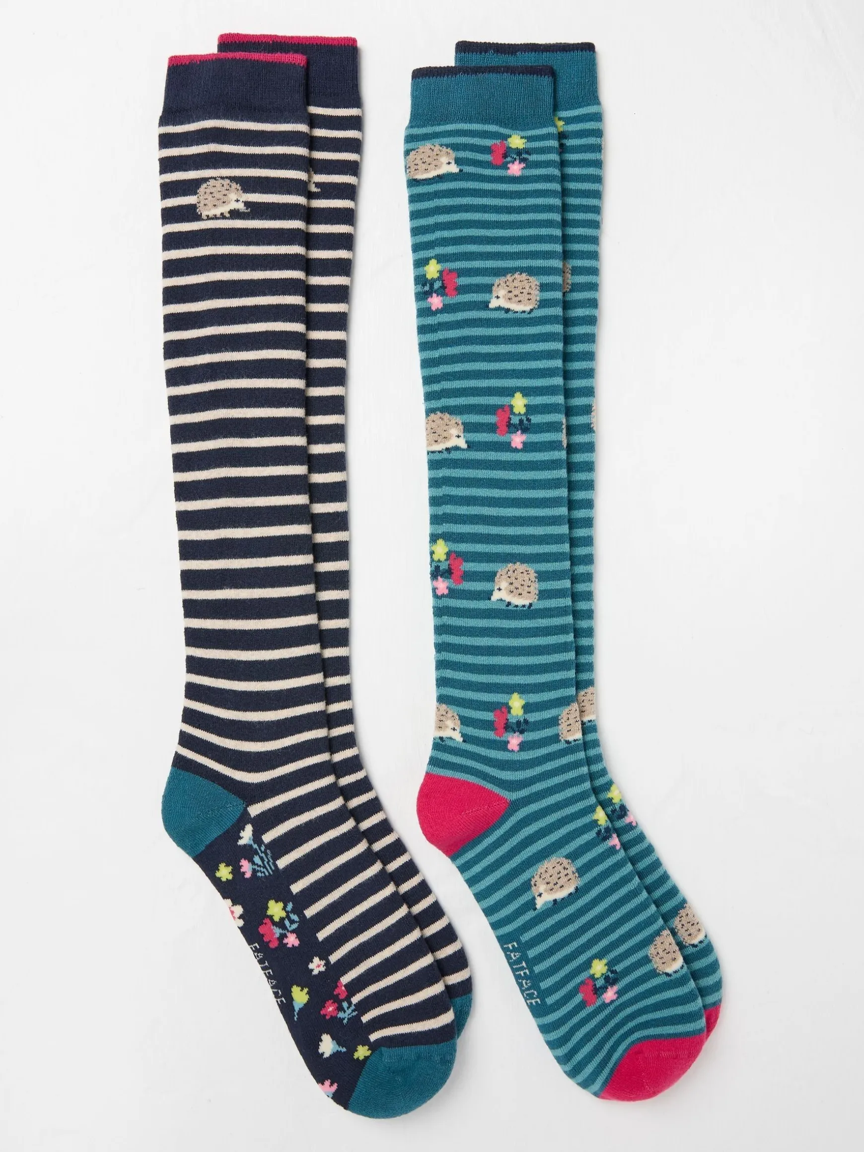 FatFace Hedgehog Knee High Welly Socks 2 Pack Blue Teal Sale