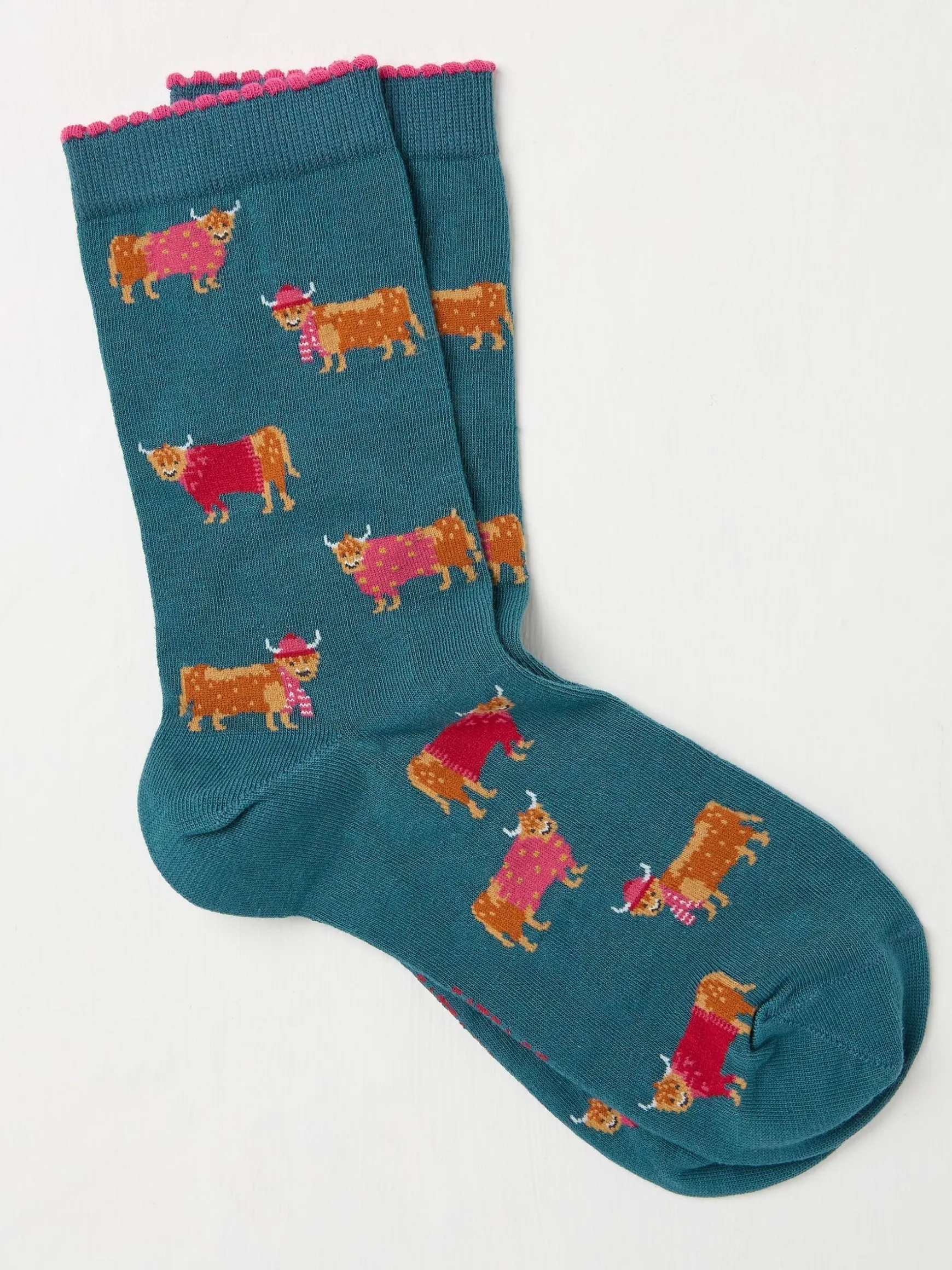 FatFace Womens Highland Cow In Jumper Socks 1 Pack Blue Teal Cheap