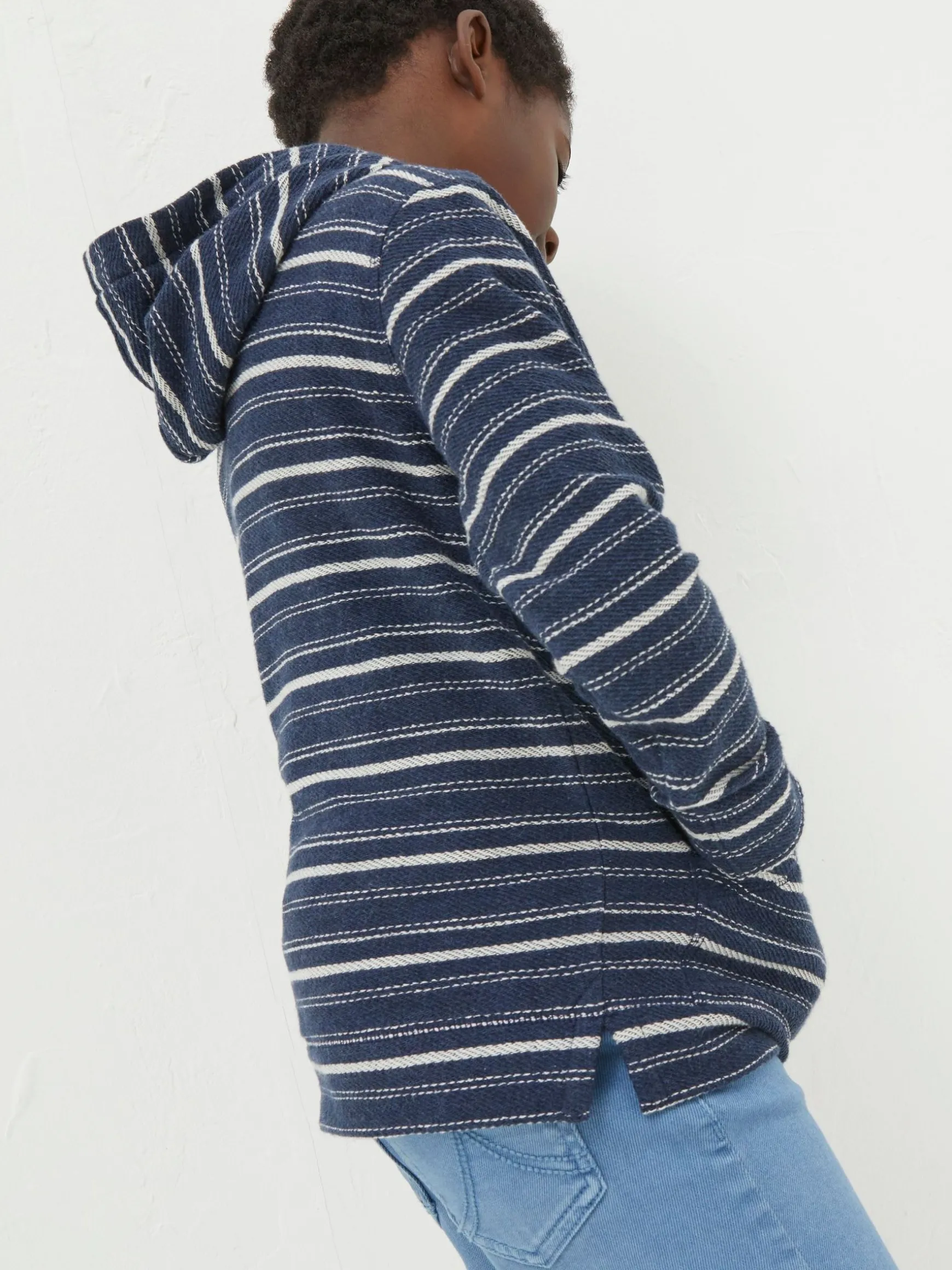 FatFace Texture Stripe Popover Hoodie Blue Discount