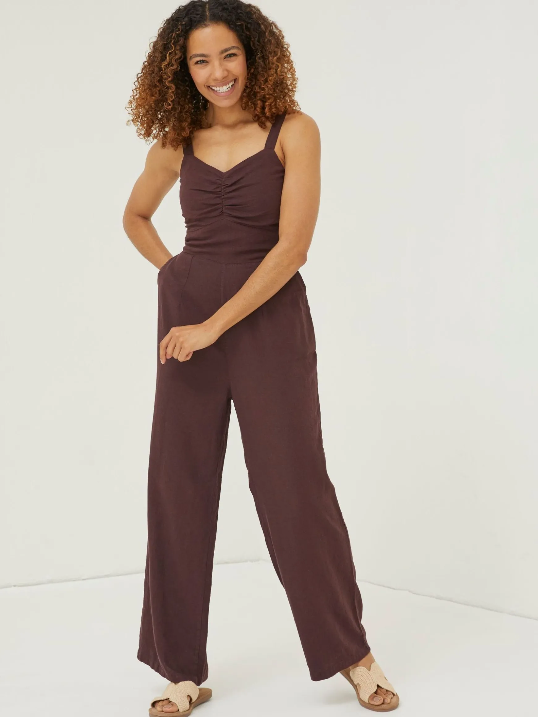 FatFace Linen Vic Jumpsuit Brown Store