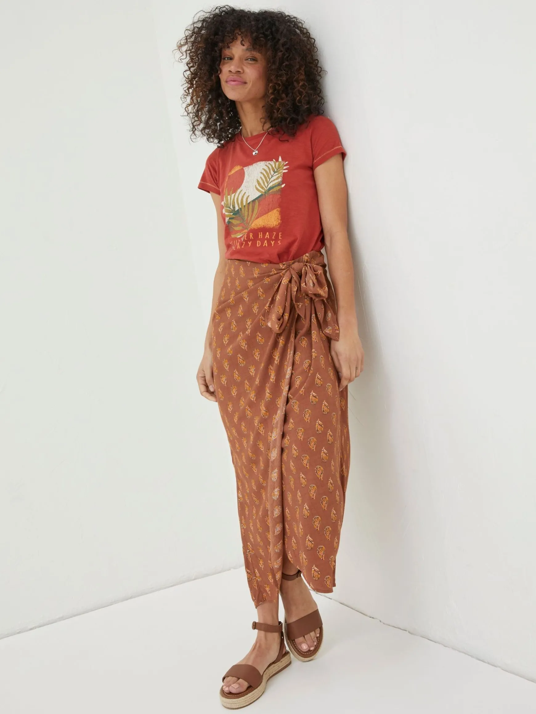 FatFace Serren Woodblock Midi Skirt Brown Online