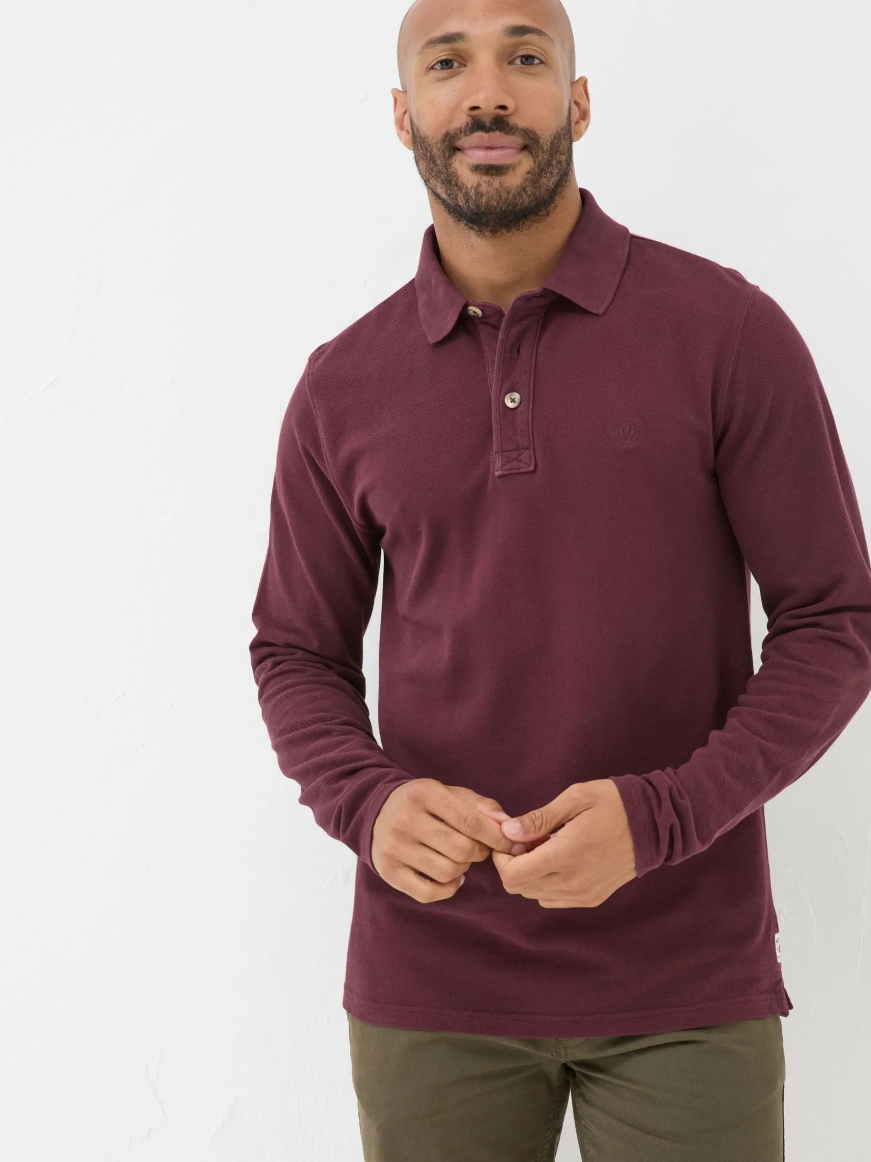 FatFace Long Sleeve Organic Pique Polo Shirt Burgundy Red Outlet