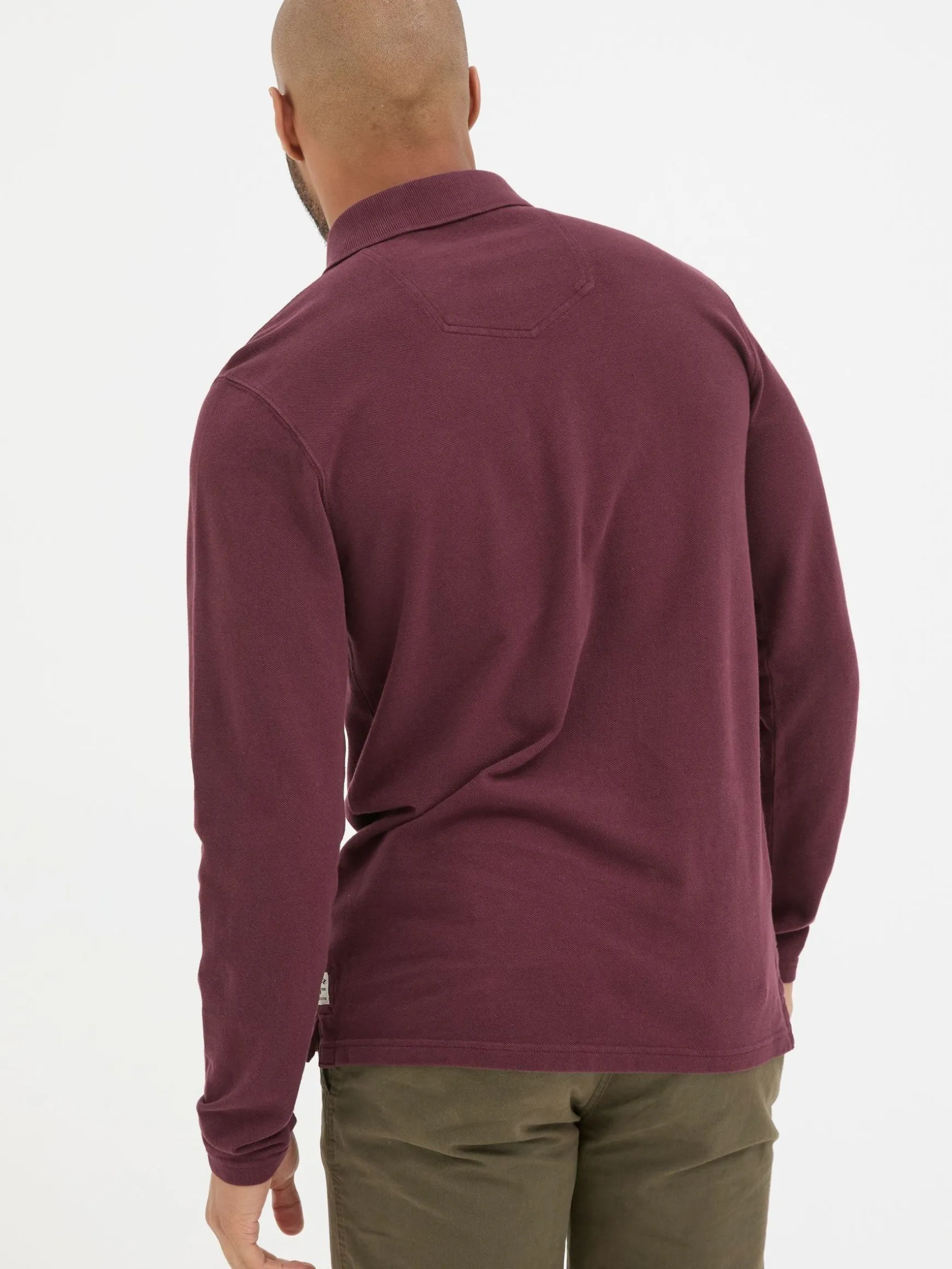 FatFace Long Sleeve Organic Pique Polo Shirt Burgundy Red Outlet