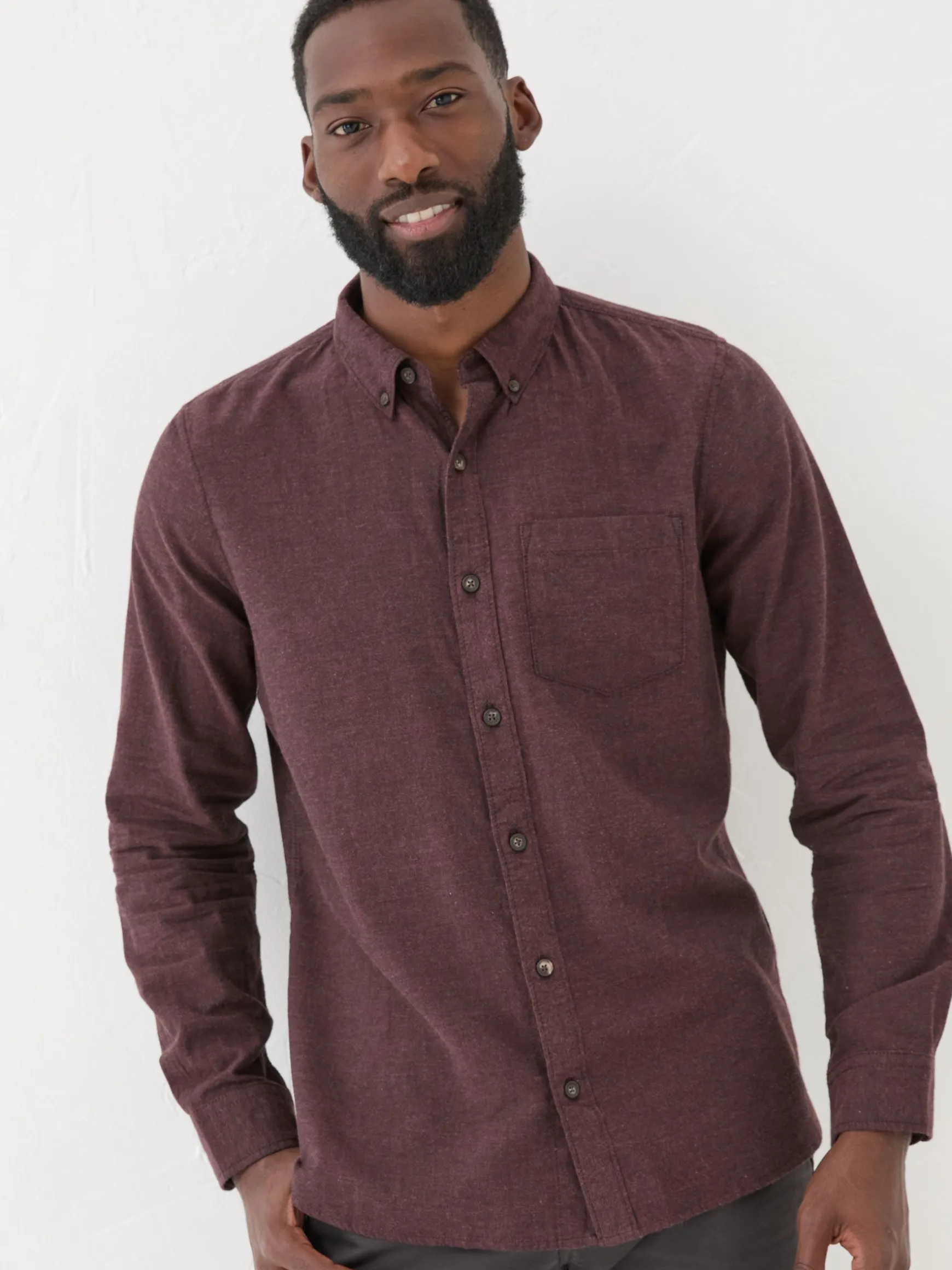 FatFace Long Sleeve Oxlow Plain 100% Cotton Shirt Burgundy Red Online