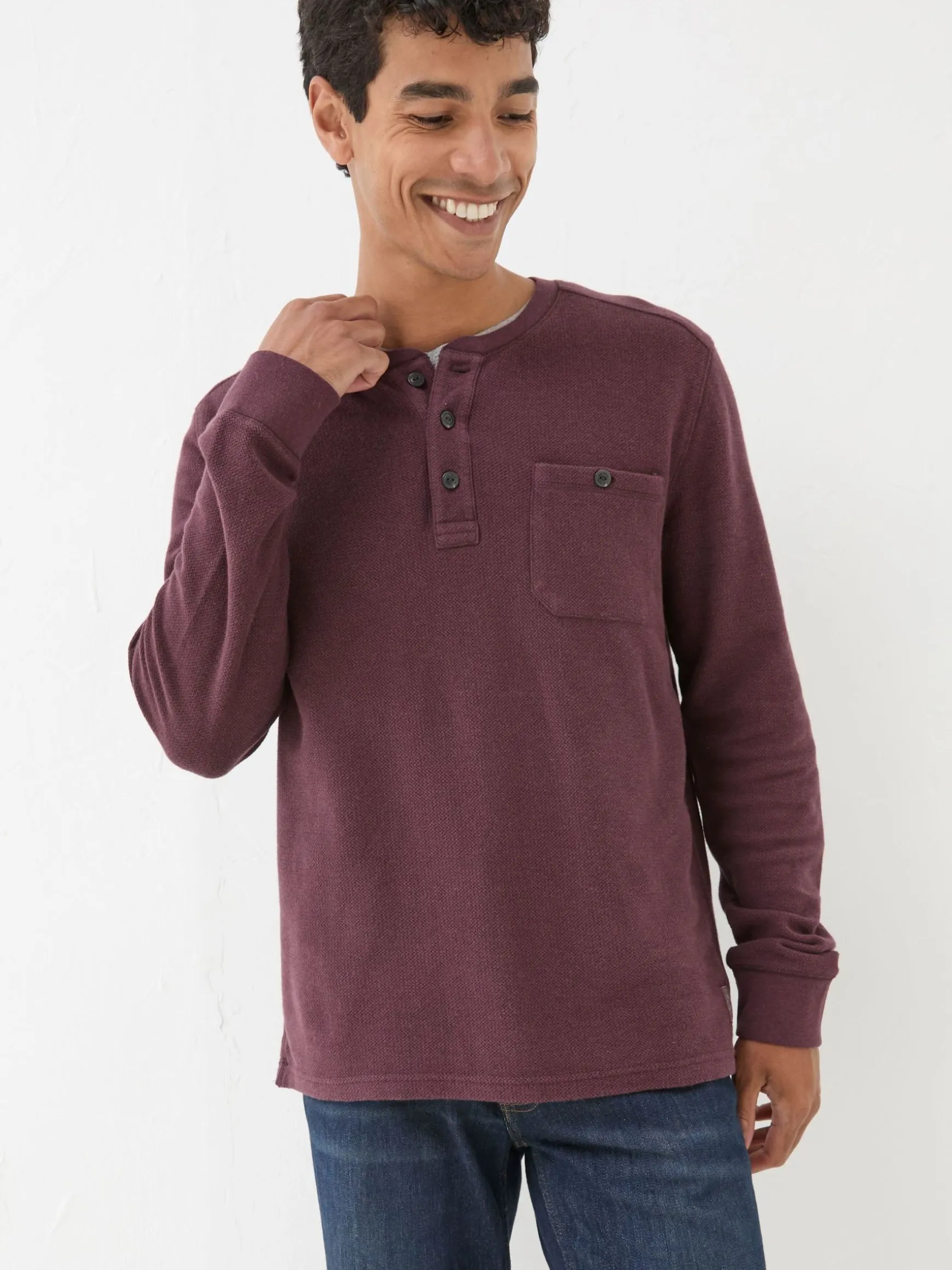 FatFace Southbourne Long Sleeve Henley T-Shirt Burgundy Red Online