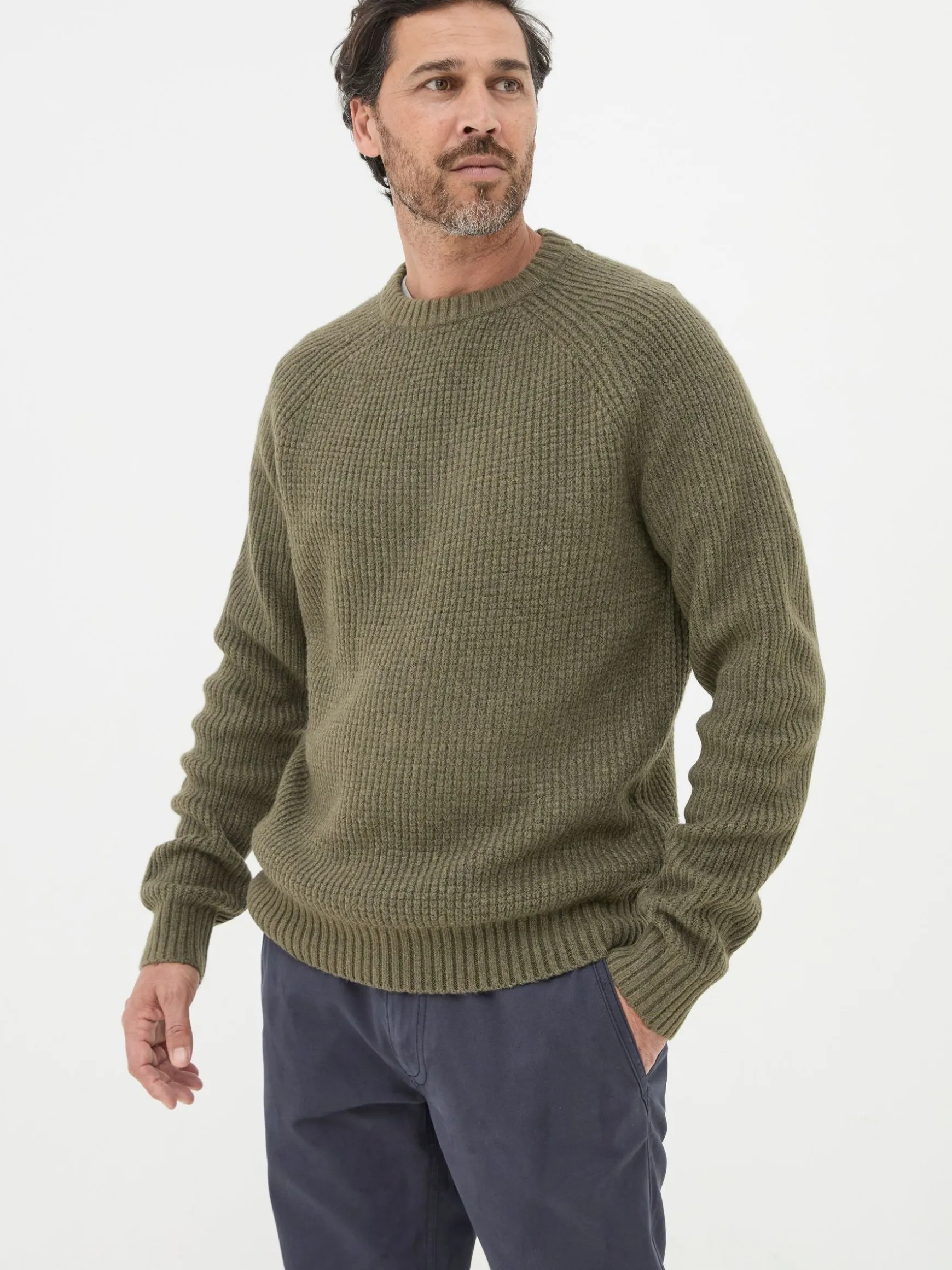 FatFace Calder Crew Neck Jumper Khaki Green Flash Sale