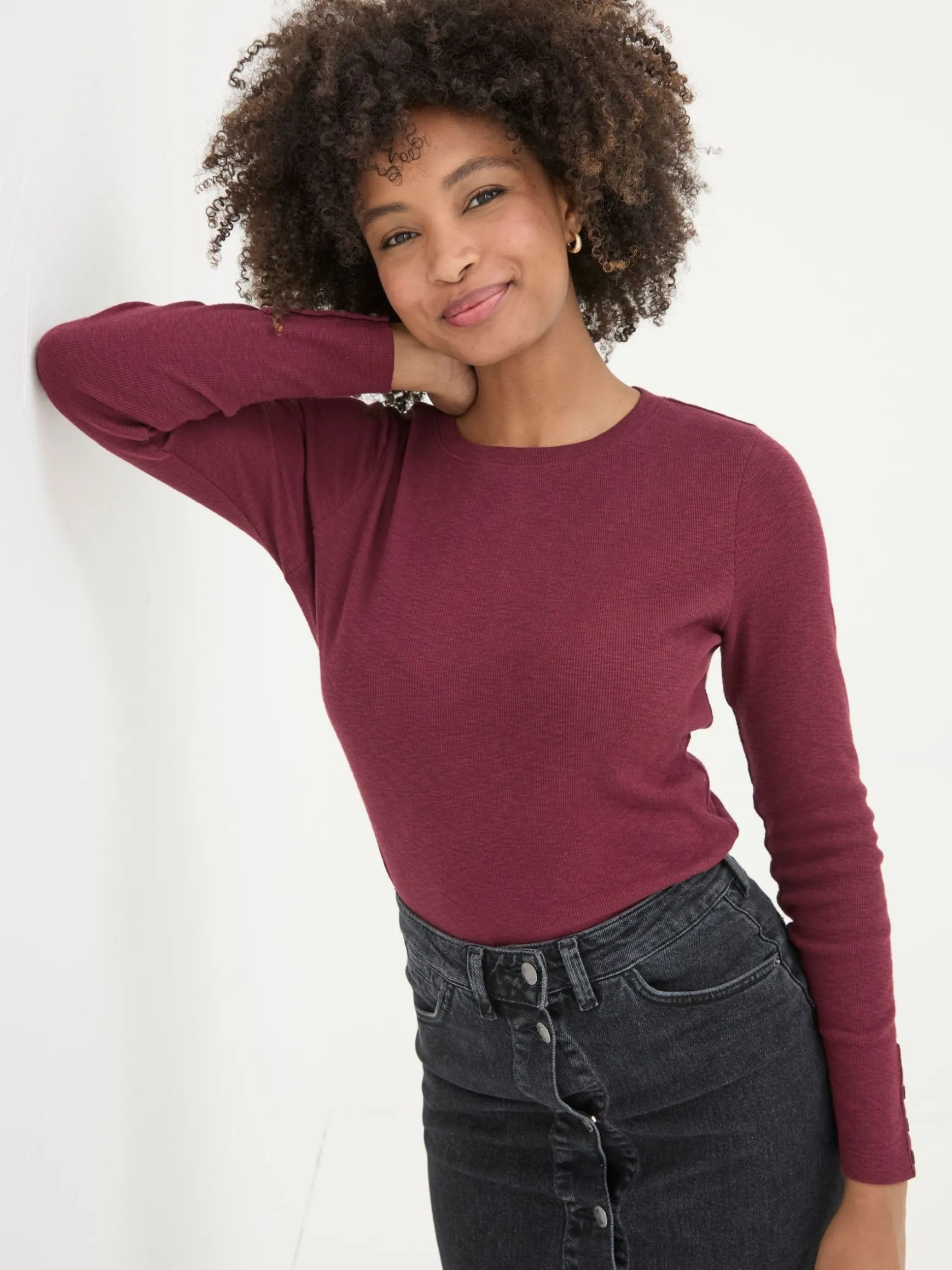 FatFace Callie Long Sleeve Top Dark Red Shop