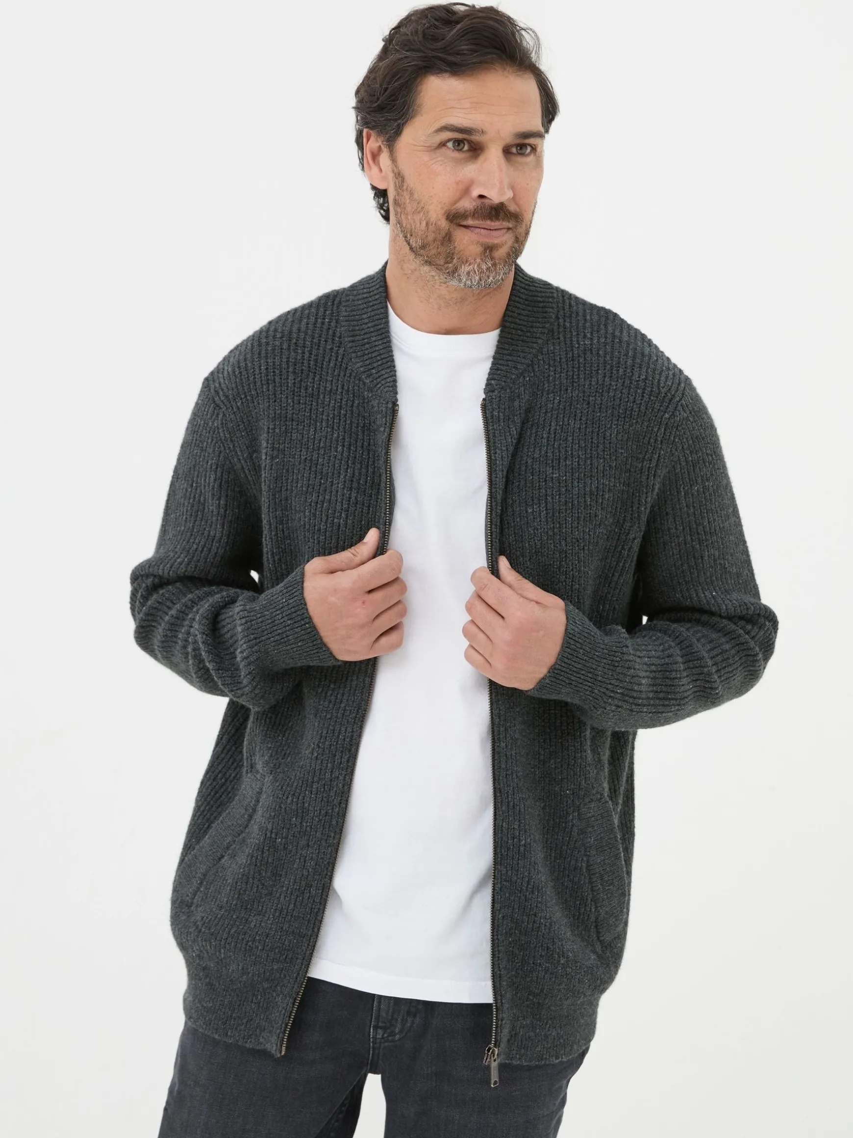 FatFace Knitted Bomber Cardigans Charcoal Grey Online