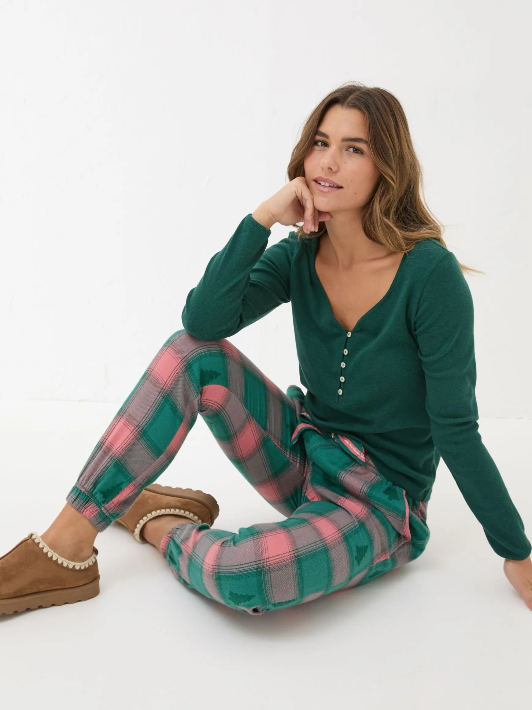 FatFace Cora Christmas Tree Jacquard Pyjama Bottoms Green Outlet