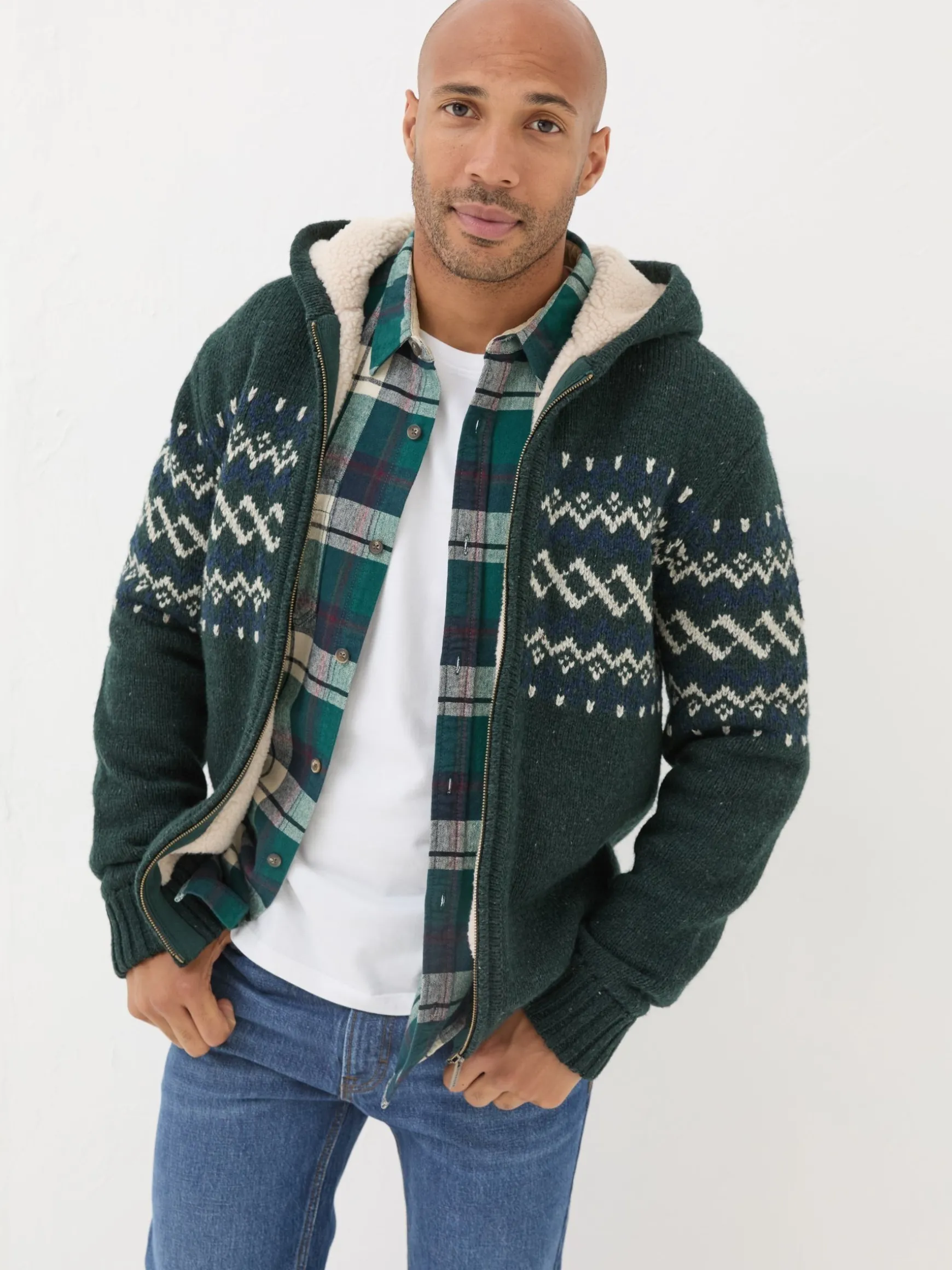 FatFace Findon Knitted Pattern Hoodie Dark Green Fashion