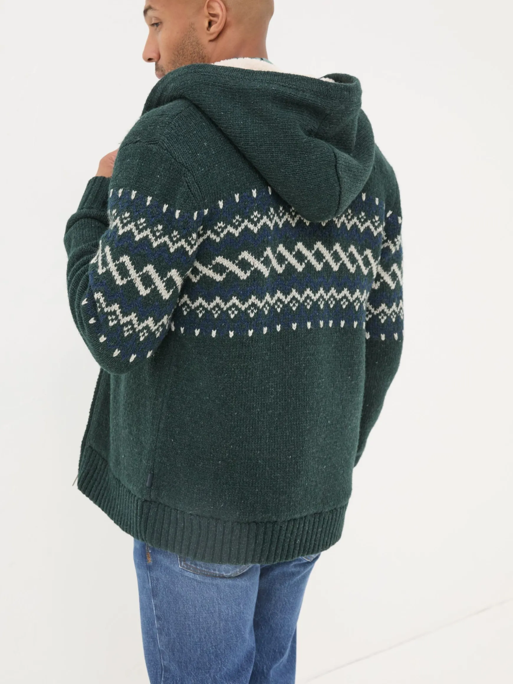 FatFace Findon Knitted Pattern Hoodie Dark Green Fashion