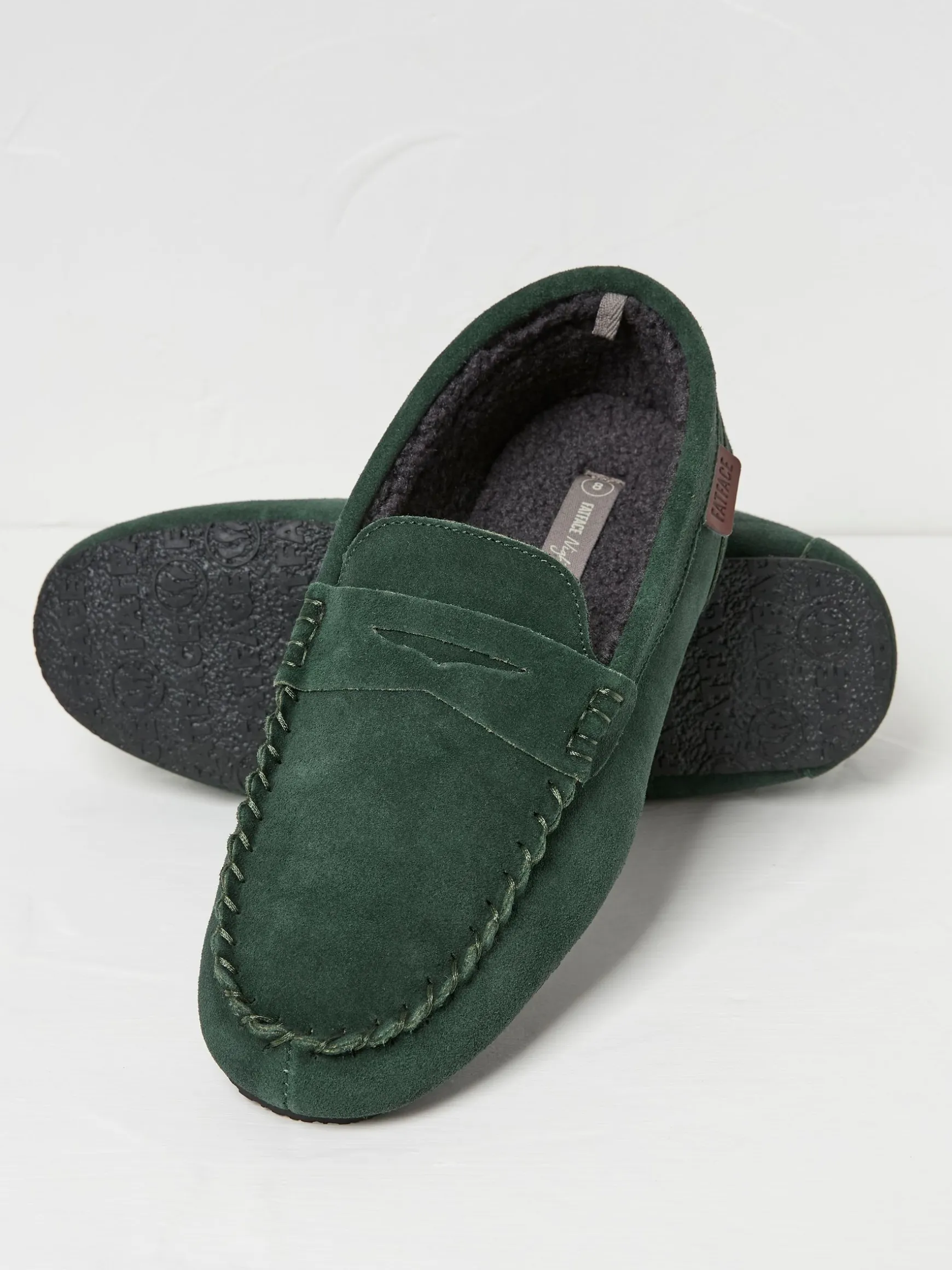 FatFace Suede Moccasin Slippers Dark Green Best Sale