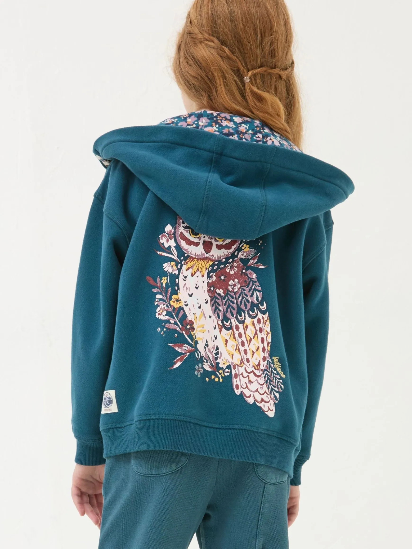 FatFace Owl Zip Through Hoodie Dark Teal Blue Hot