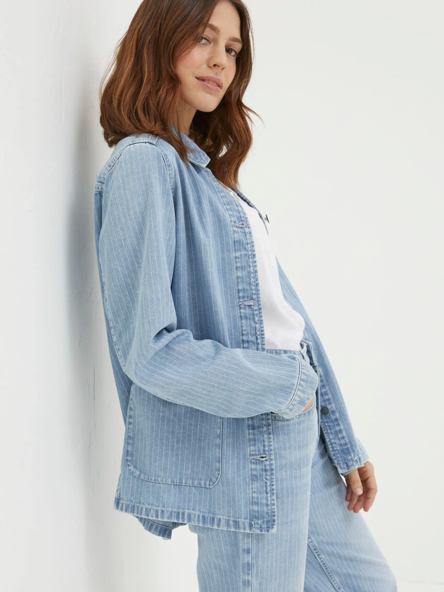 FatFace Eden Stripe Denim Worker Jacket Blue Discount