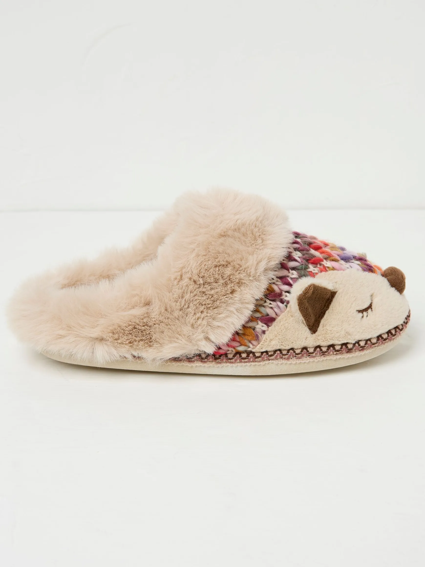 FatFace Flora Knitted Fox Fur Slippers Multi Fashion