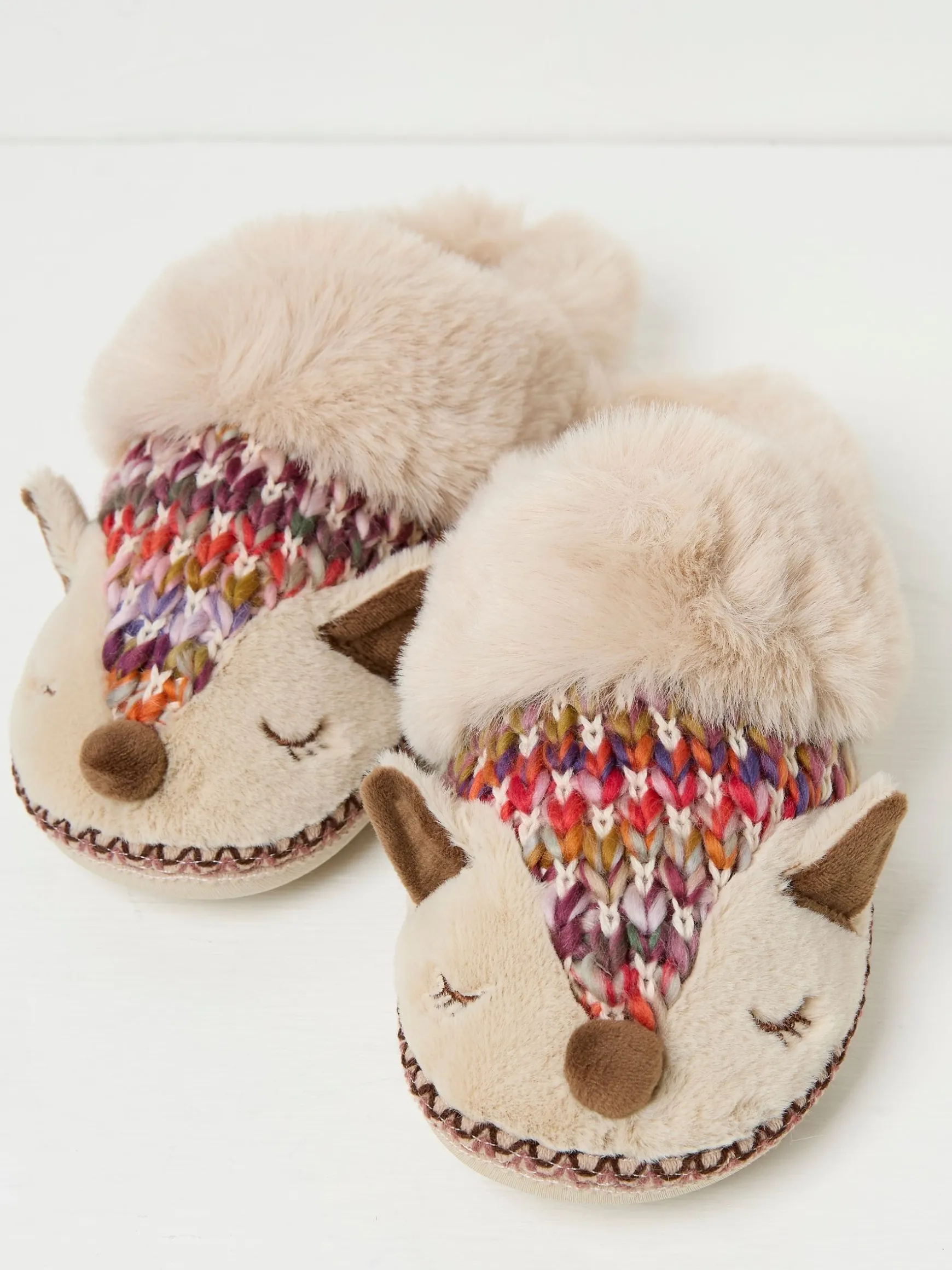 FatFace Flora Knitted Fox Fur Slippers Multi Fashion