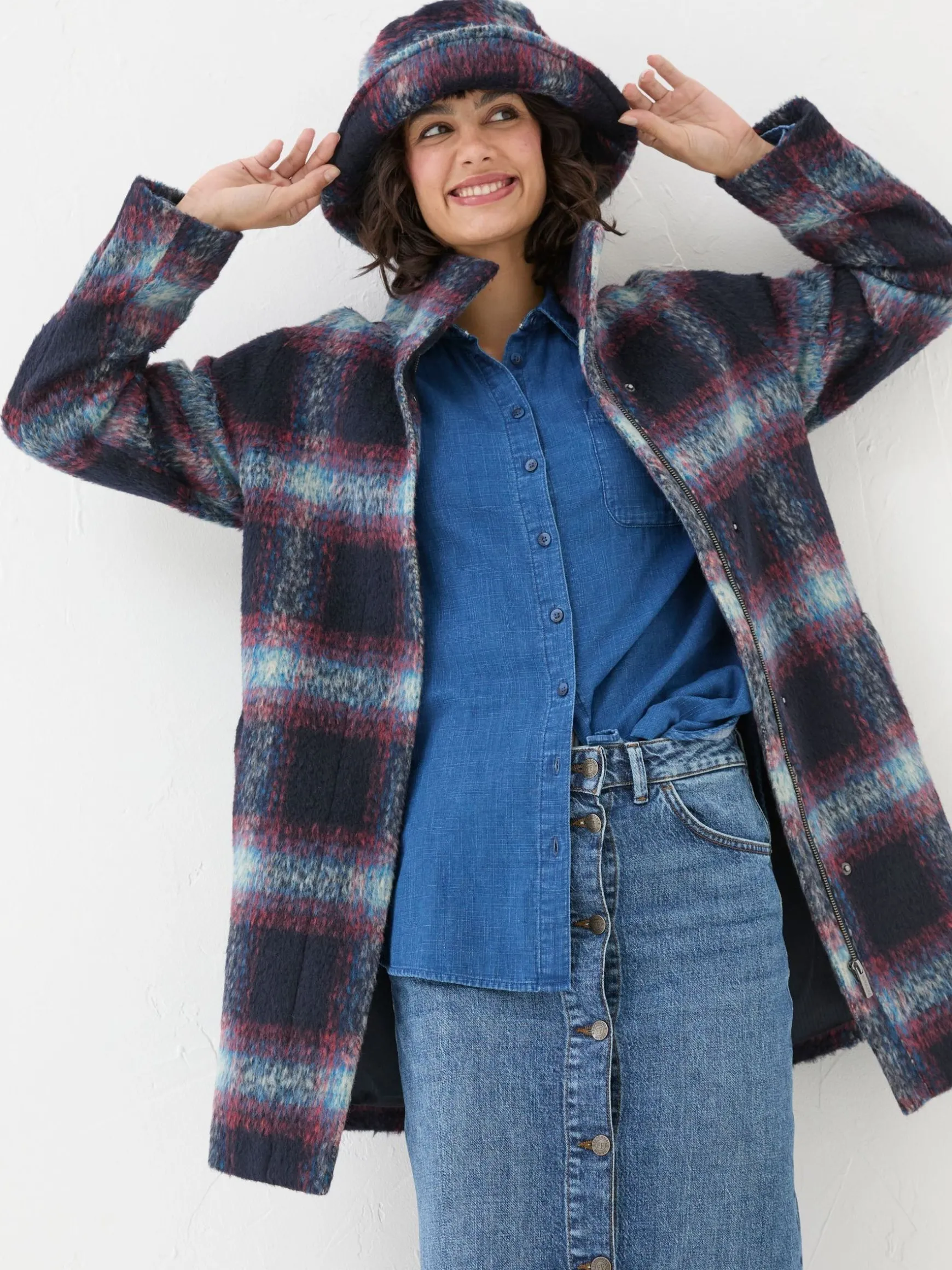 FatFace Freya Wool Blend Check Coat Blue Shop