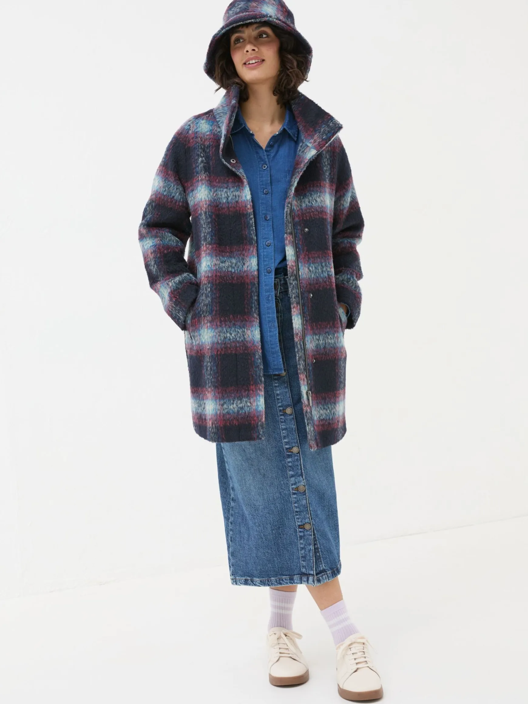 FatFace Freya Wool Blend Check Coat Blue Shop