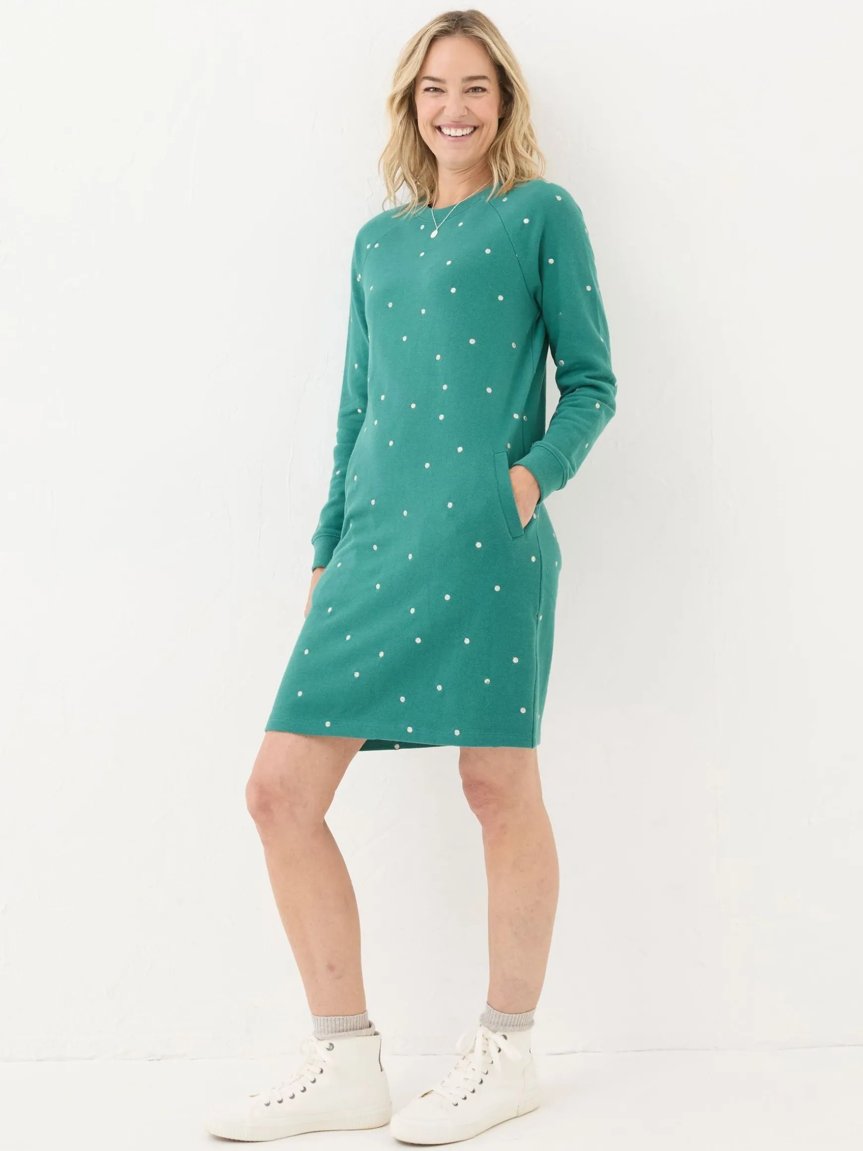 FatFace Georgia Embroidered Sweat Dress Green New