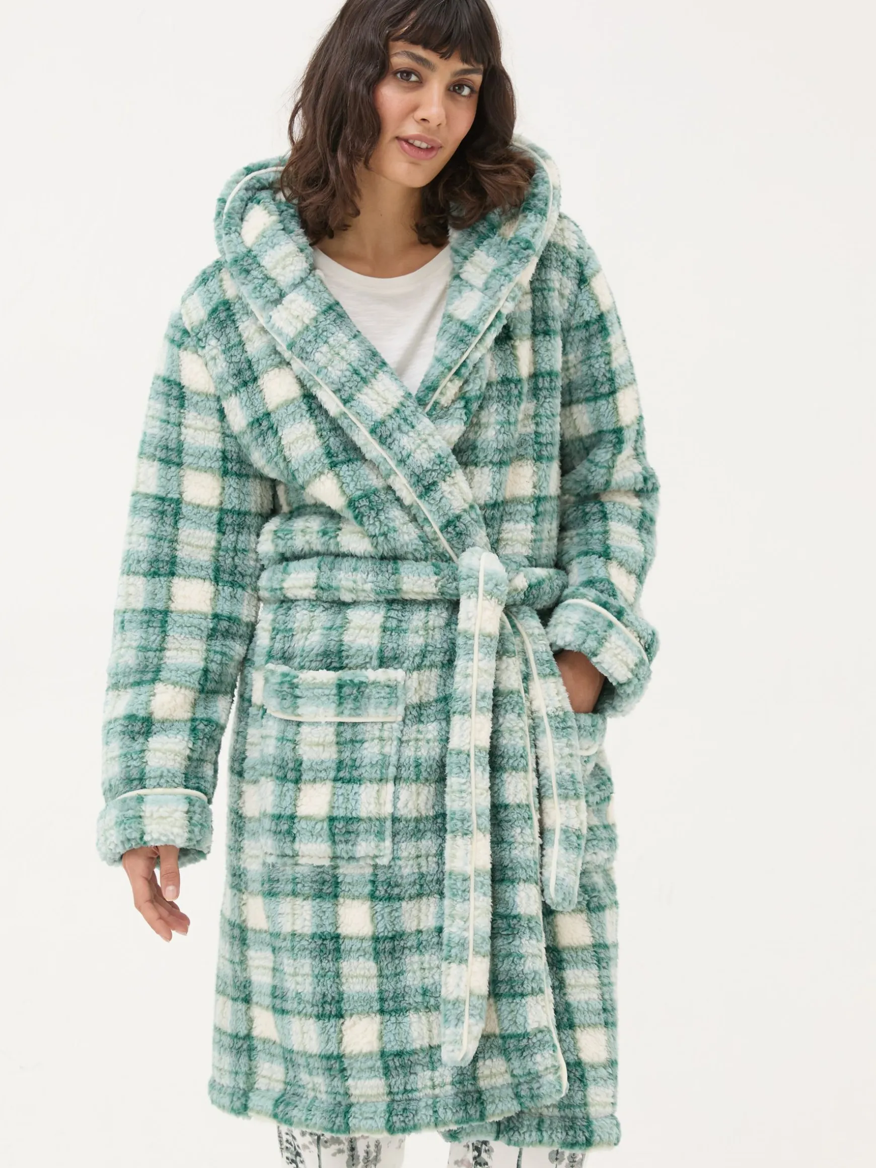 FatFace Check Borg Dressing Gown Green New