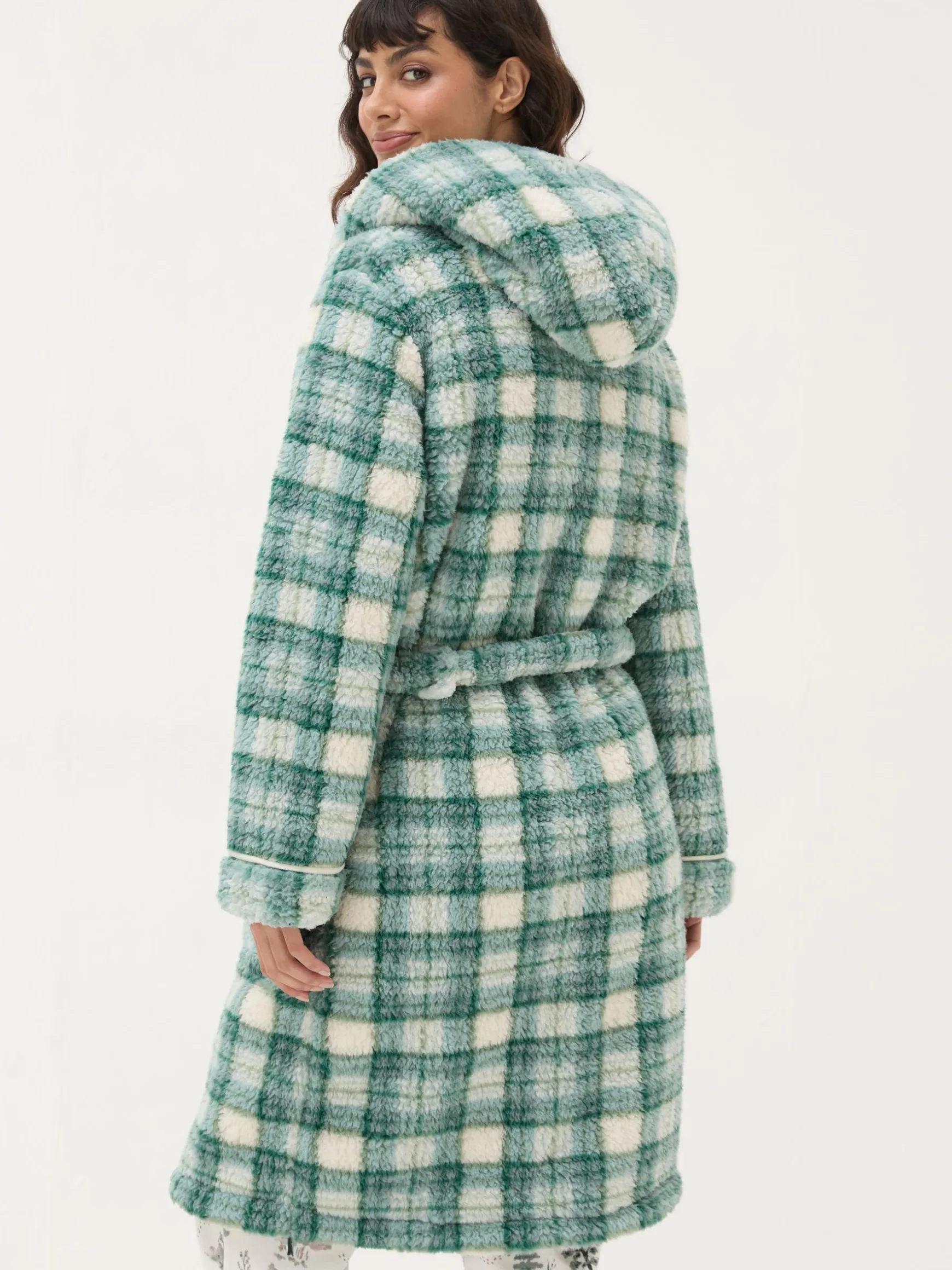 FatFace Check Borg Dressing Gown Green New