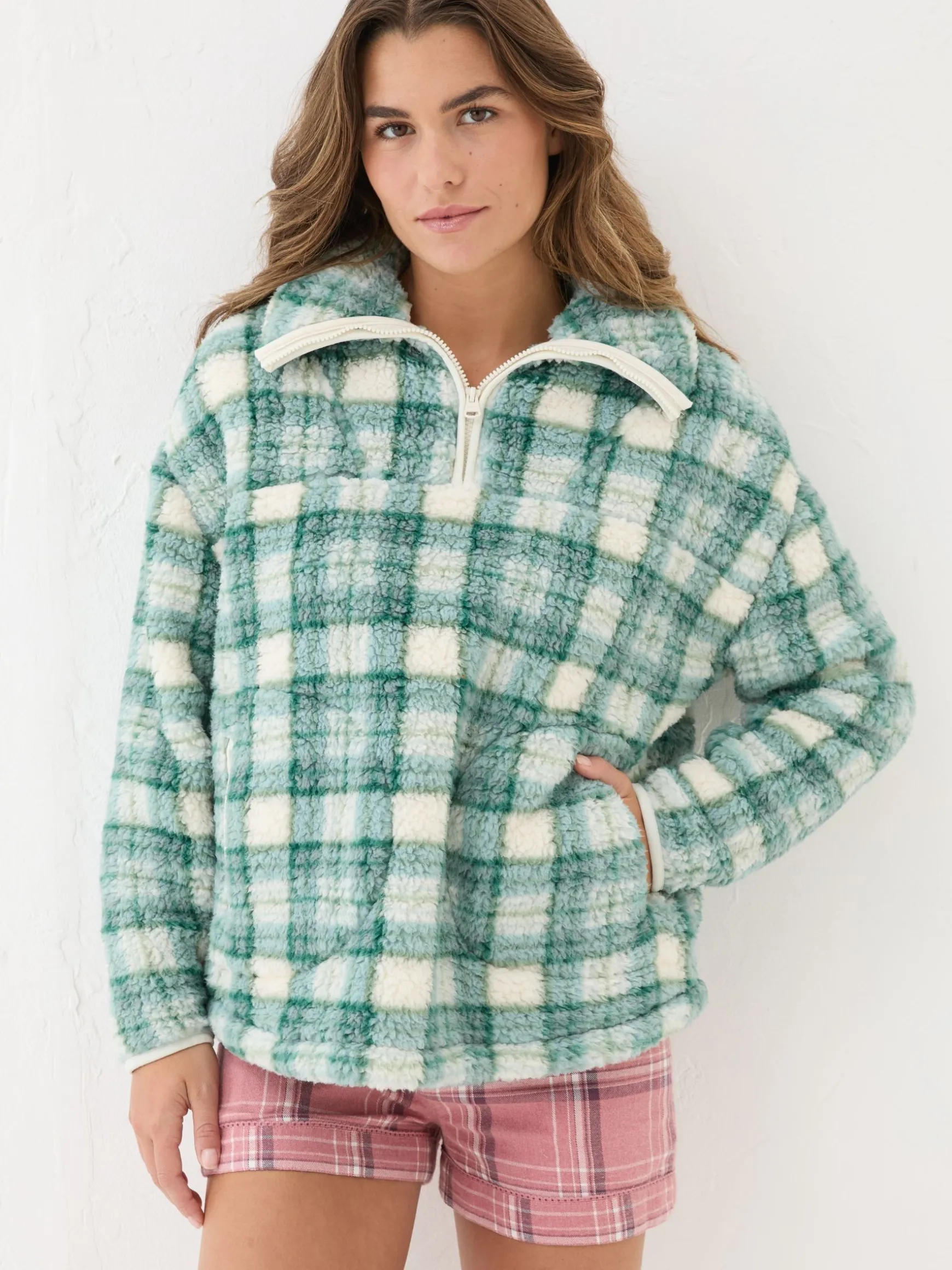 FatFace Check Borg Half Zip Fleece Green Discount