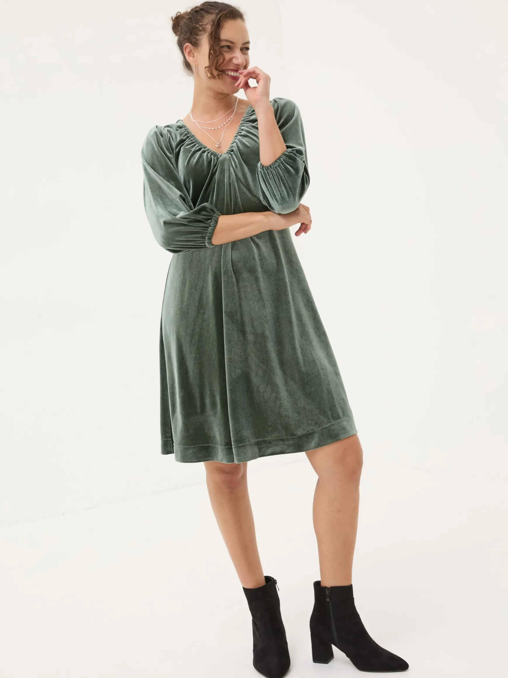 FatFace Gracie Velvet Dress Green New