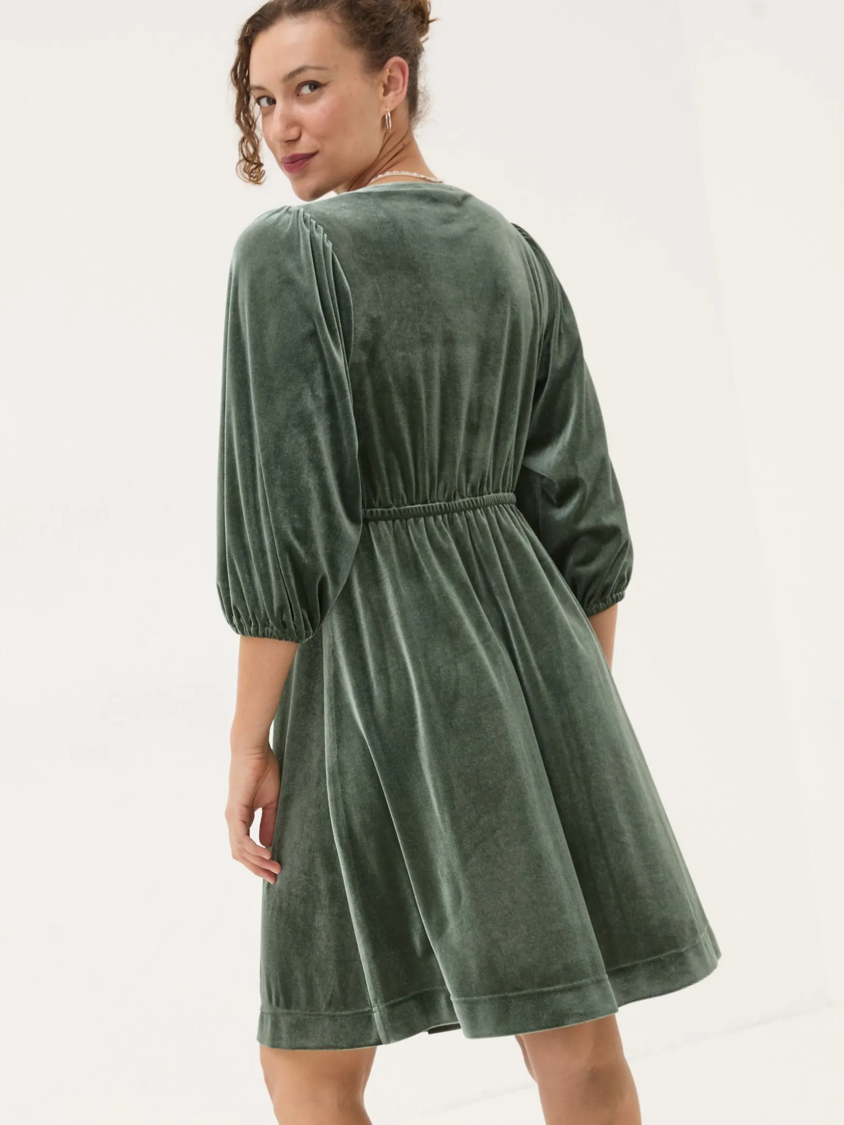 FatFace Gracie Velvet Dress Green New