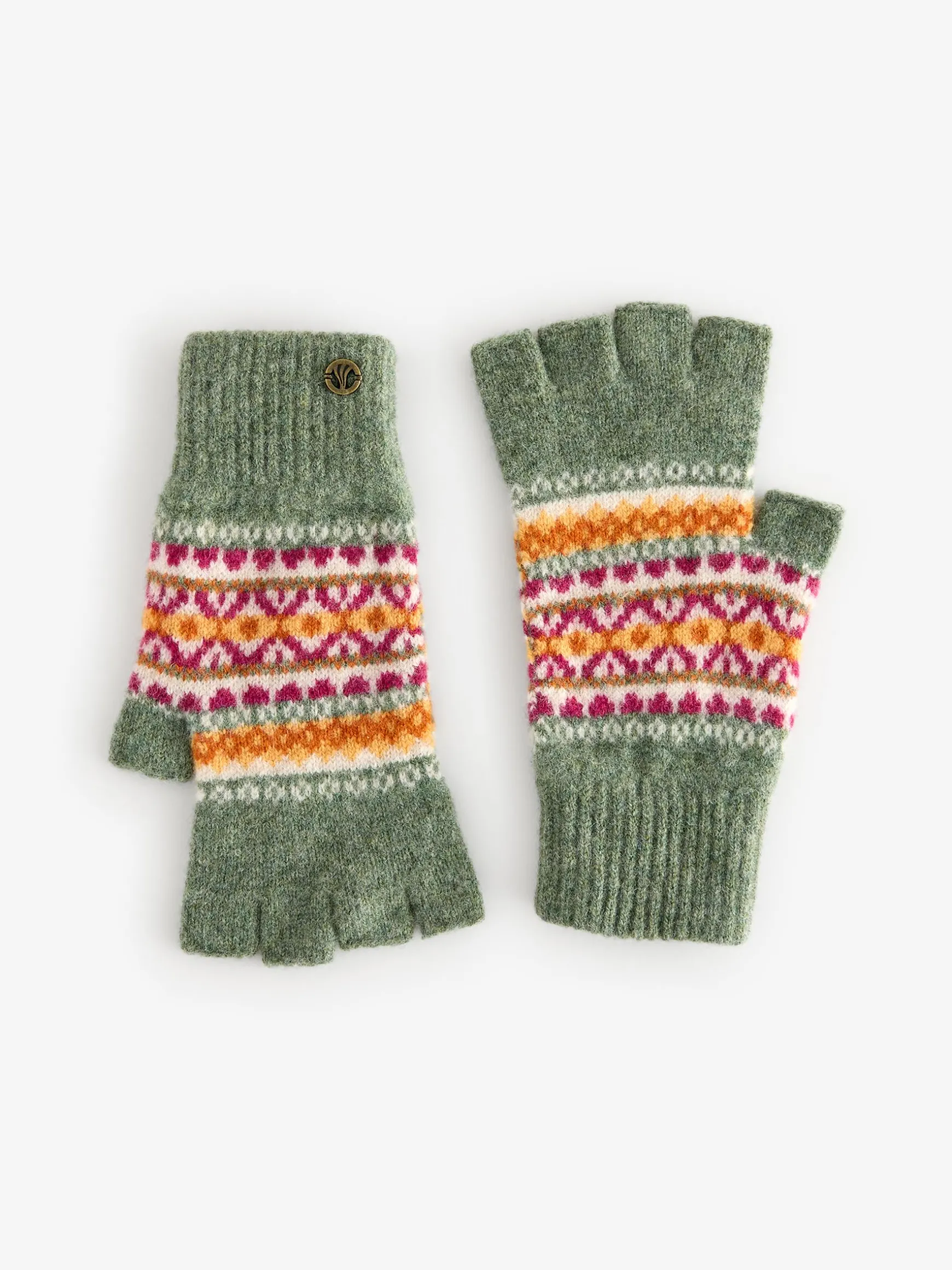 FatFace Lambswool Fairisle Fingerless Gloves Green Hot