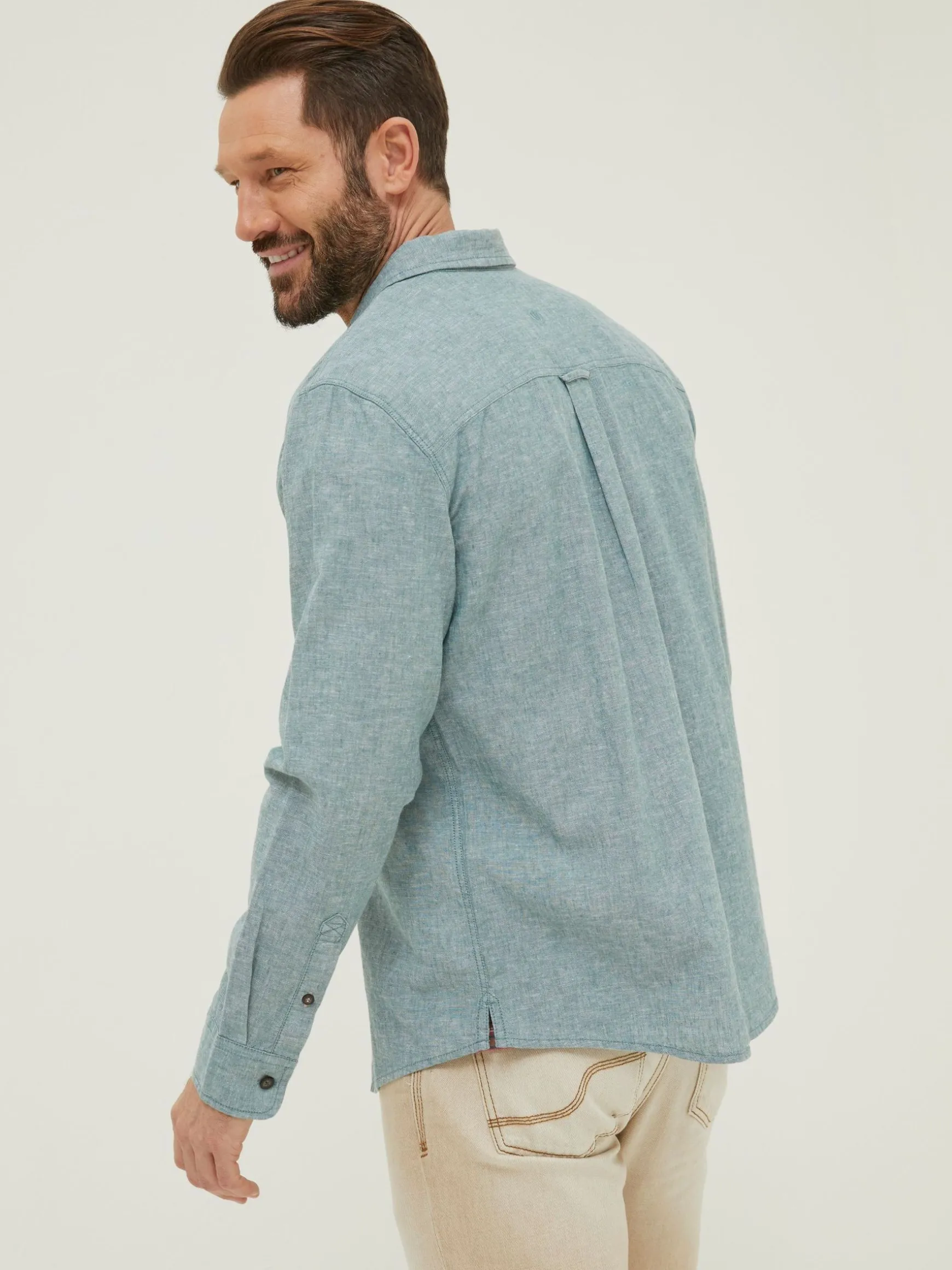 FatFace Long Sleeve Bugle Linen Cotton Shirt Green Outlet