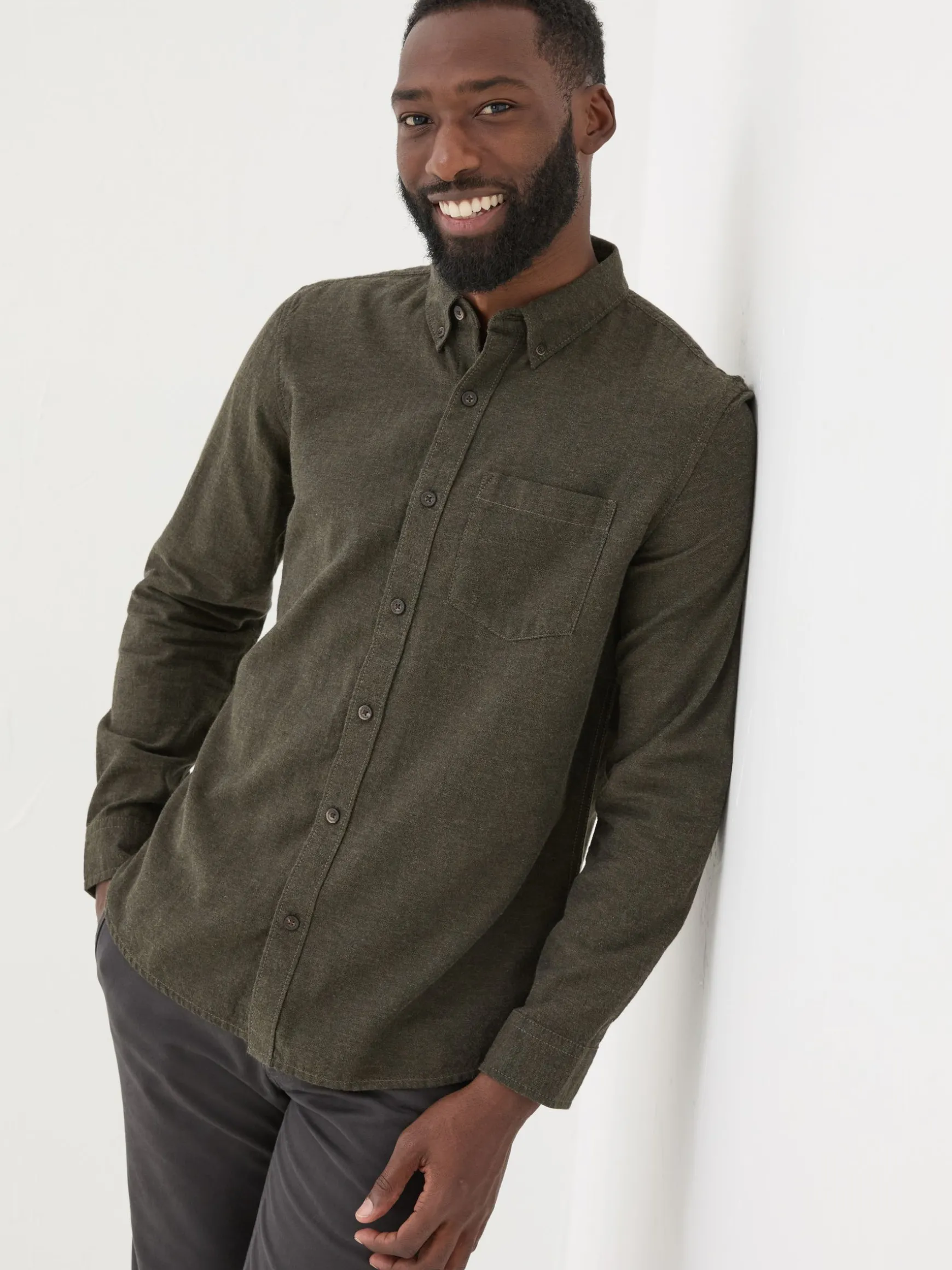 FatFace Long Sleeve Oxlow Plain 100% Cotton Shirt Green Flash Sale