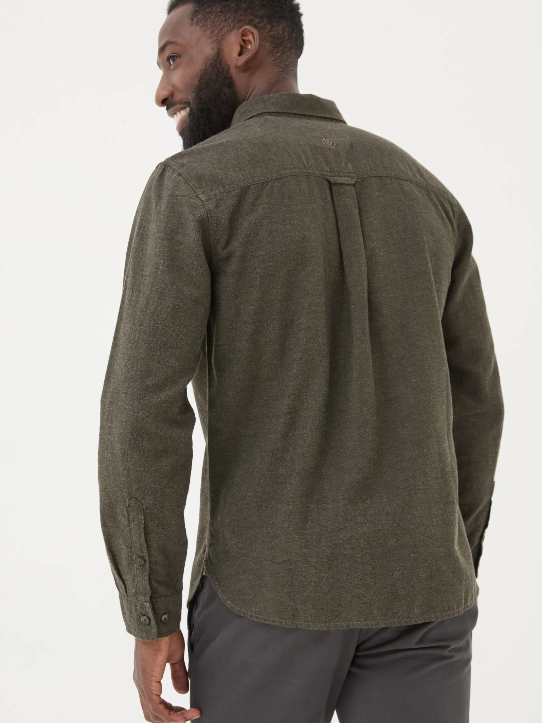 FatFace Long Sleeve Oxlow Plain 100% Cotton Shirt Green Flash Sale