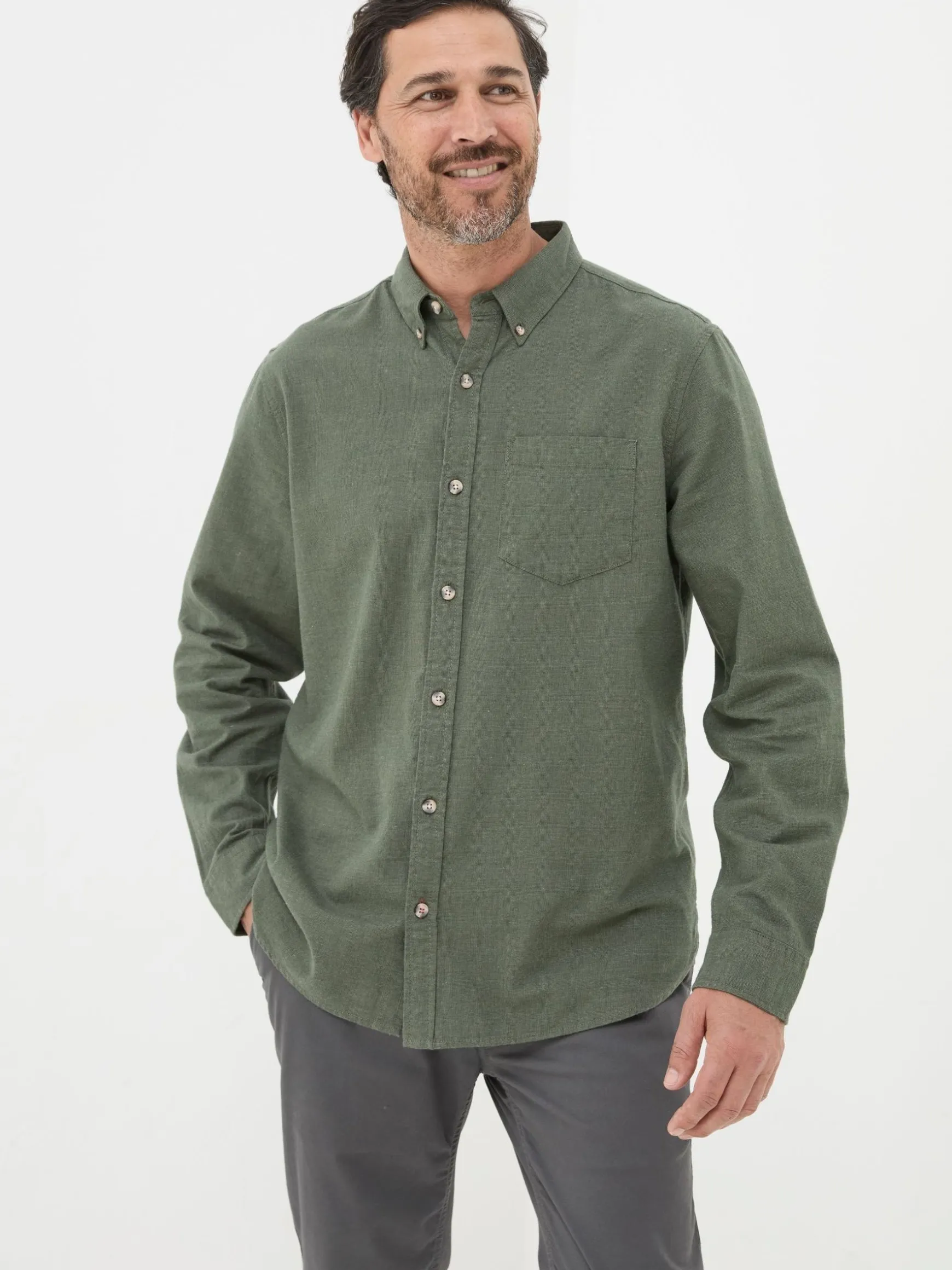 FatFace Long Sleeve Tadlow Shirt Green Flash Sale