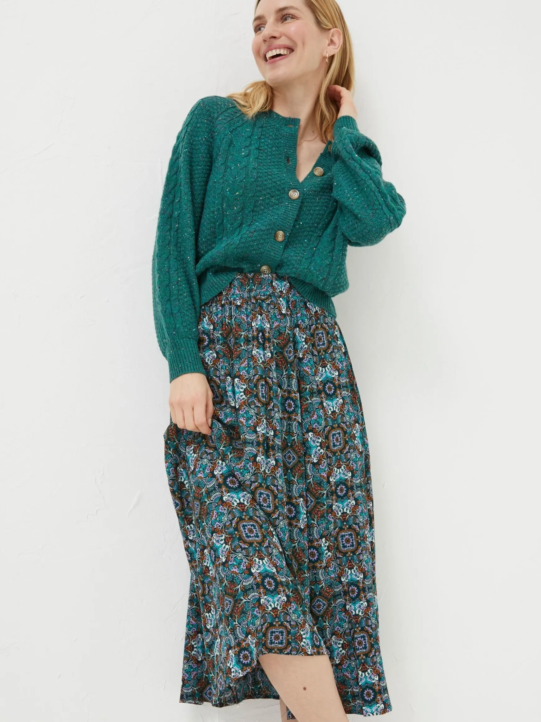 FatFace Millie Mirrored Floral Midi Skirt Green Store