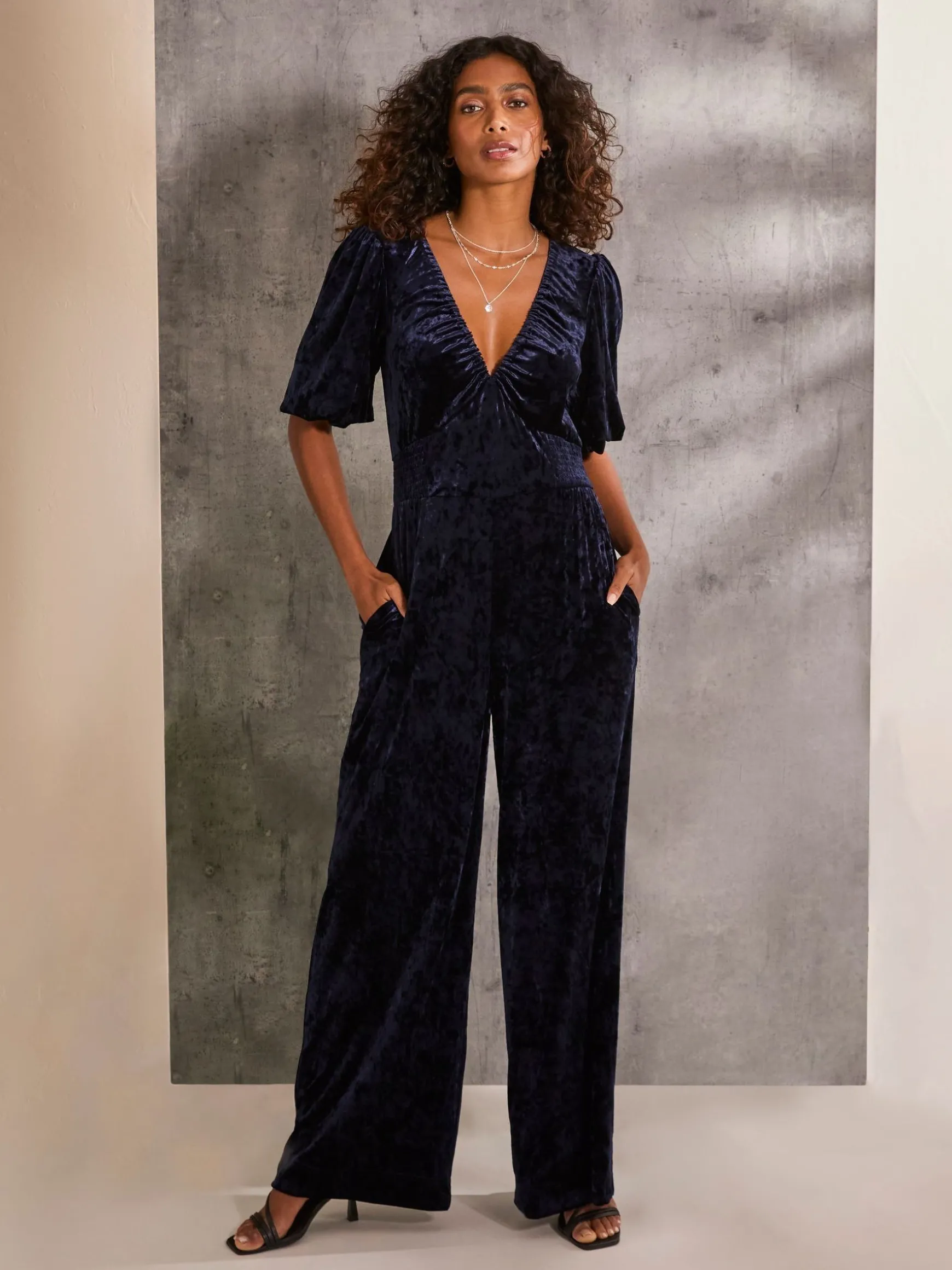 FatFace Greta Velvet Jumpsuit Blue Discount