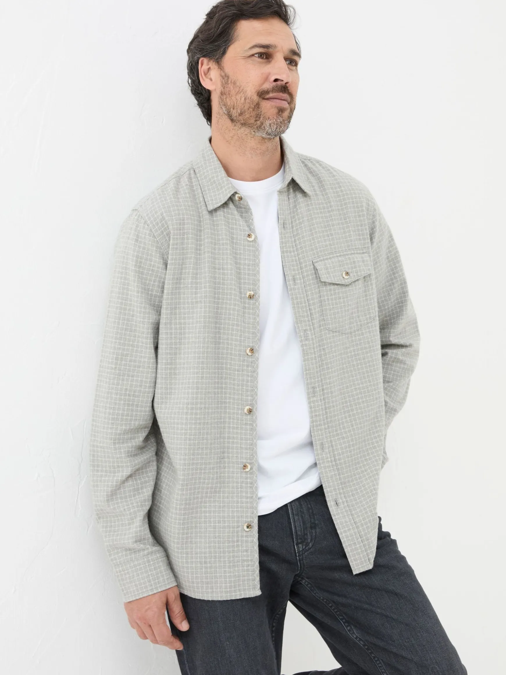 FatFace Long Sleeve Grantham Grid Check 100% Cotton Shirt Grey Outlet