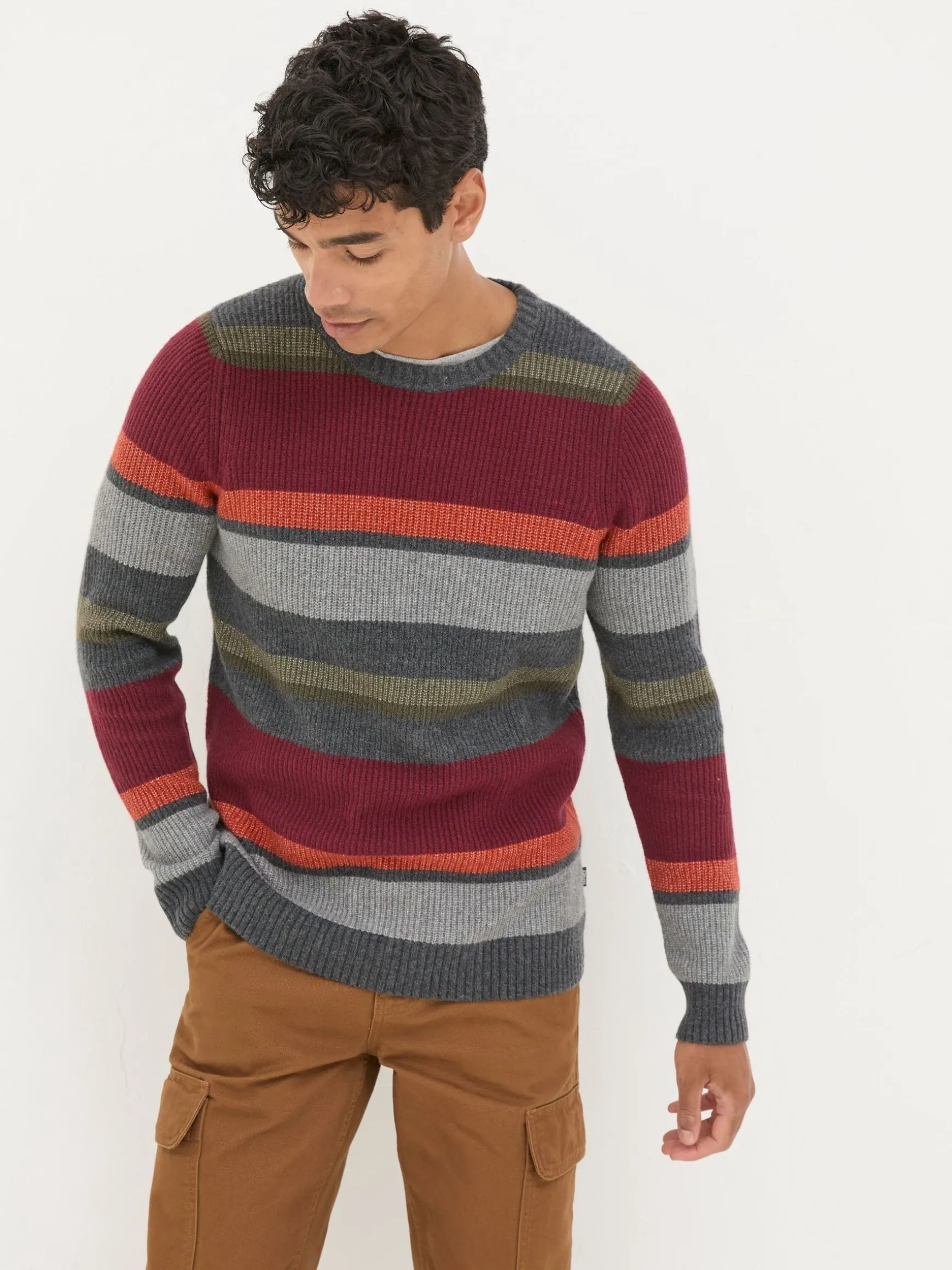 FatFace Hinton Chest Stripe Crew Neck Jumper Charcoal Grey Sale